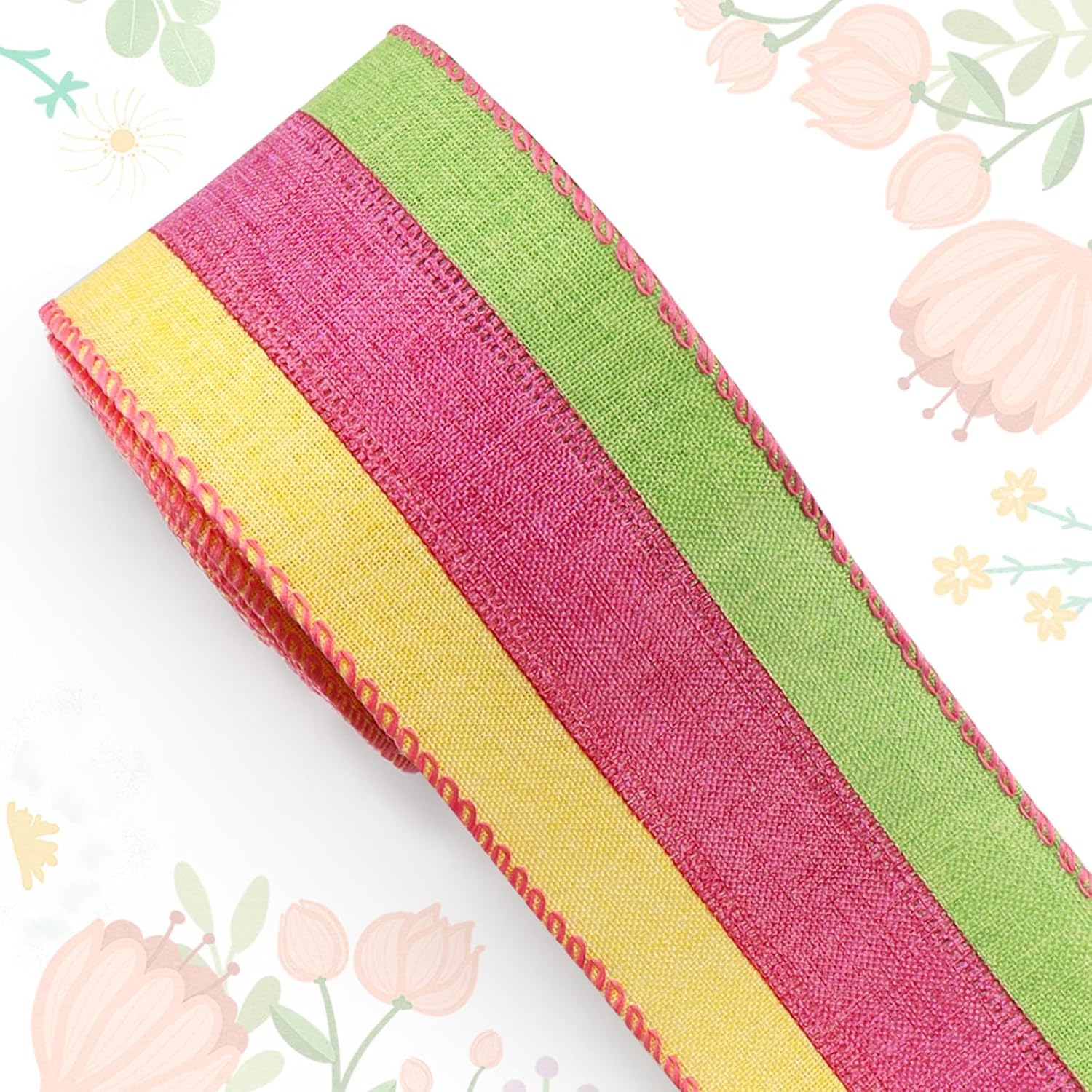 Estivaux 2 Rolls Spring Craft Ribbons, 2.5"10 Yards Wired Edge Yellow Pink Burlap Ribbons with Flowers & Leaves for Wreath Bows, Bows, DIY Crafts