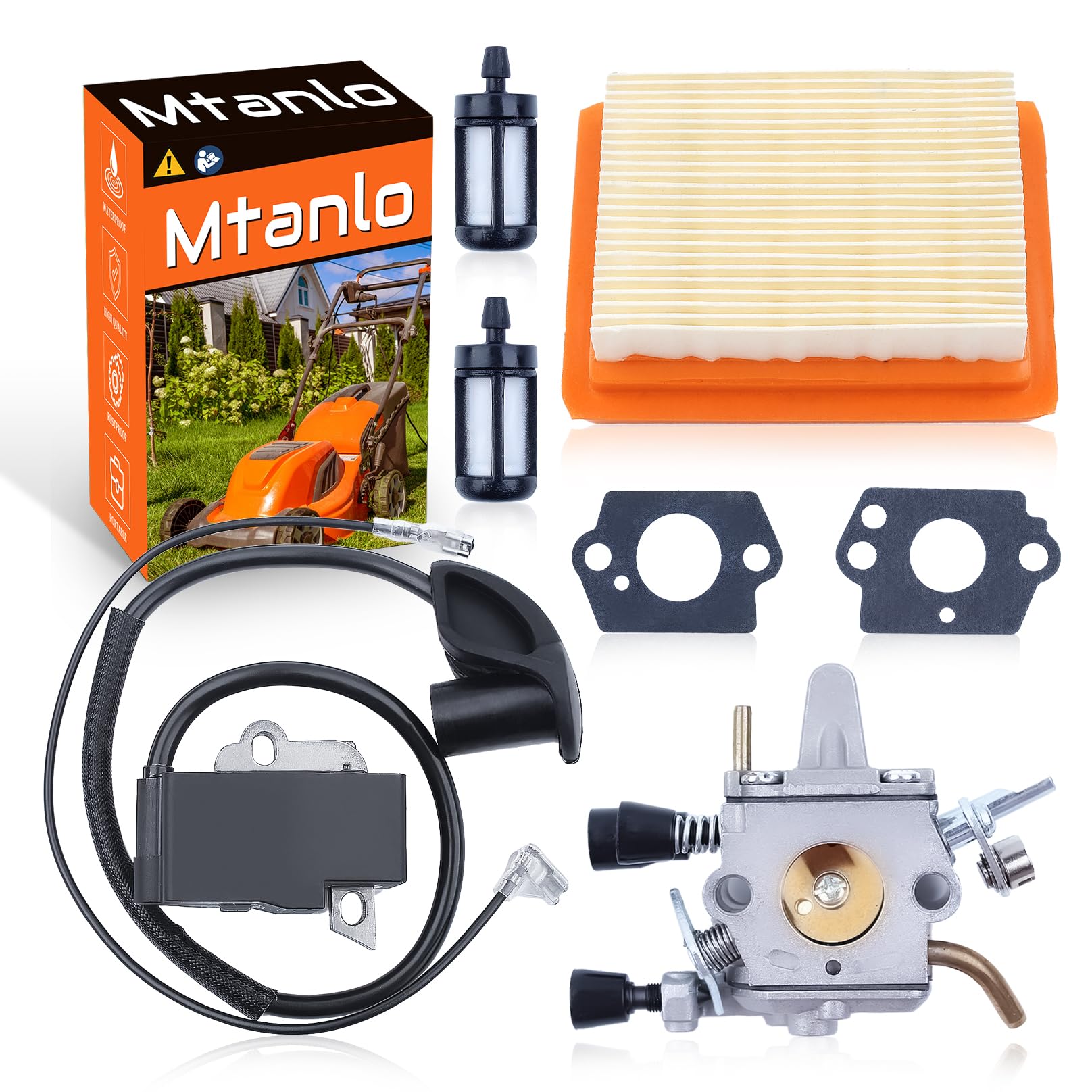 Carburateur Bobine d'Allumage Kit pour Stihl FS120 FS200 FS250 FS300 FS350 Tondeuse, Carburateur FS120 avec Filtre à Air Bougie d'Allumage Filtre à Carburant Joint de Carburateur