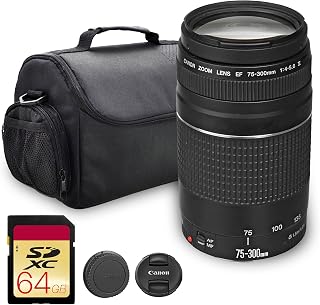 Canon EF 75-300mm f/4-5.6 III Telephoto Zoom Lens + Shoulder Bag + 64GB Card - Ideal for Wildlife, Sports & Portraits (6473A003)