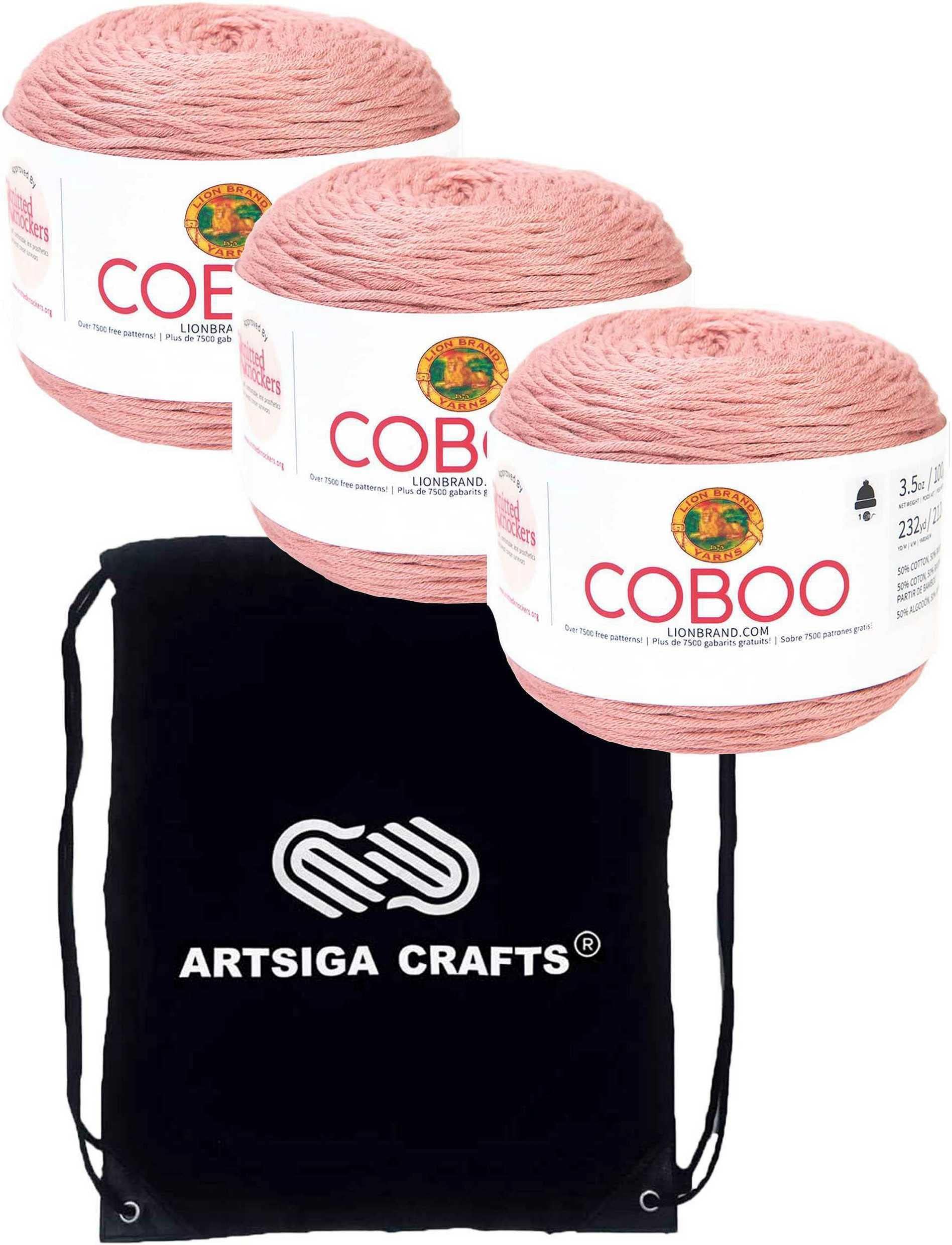 Lion Brand Yarn Knitting Coboo Mauve 3-Skein Factory Pack (Same Dye Lot) 835-145 Bundle with 1 Artsiga Crafts Project Bag
