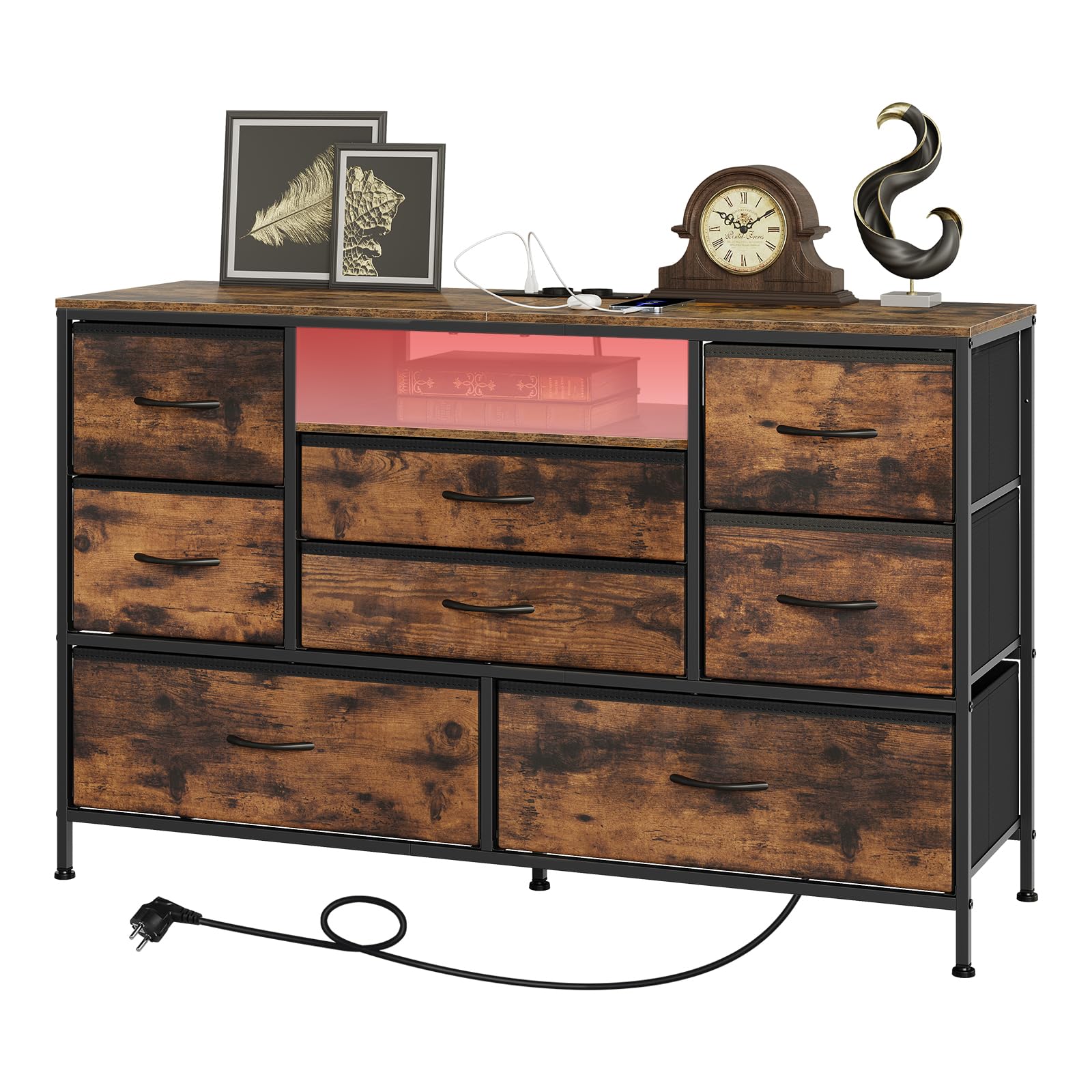 WOLTU Kommode mit 8 Stoffschubladen, Stauraum für Wohnzimmer, Schlafzimmer, Flur, mit LED-Fernbedienung, Typ-C+USB-A & 2 AC-Steckdosen, Metallrahmen, Vintage Braun-Schwarz, 120x36x75cm, SSK013vbn