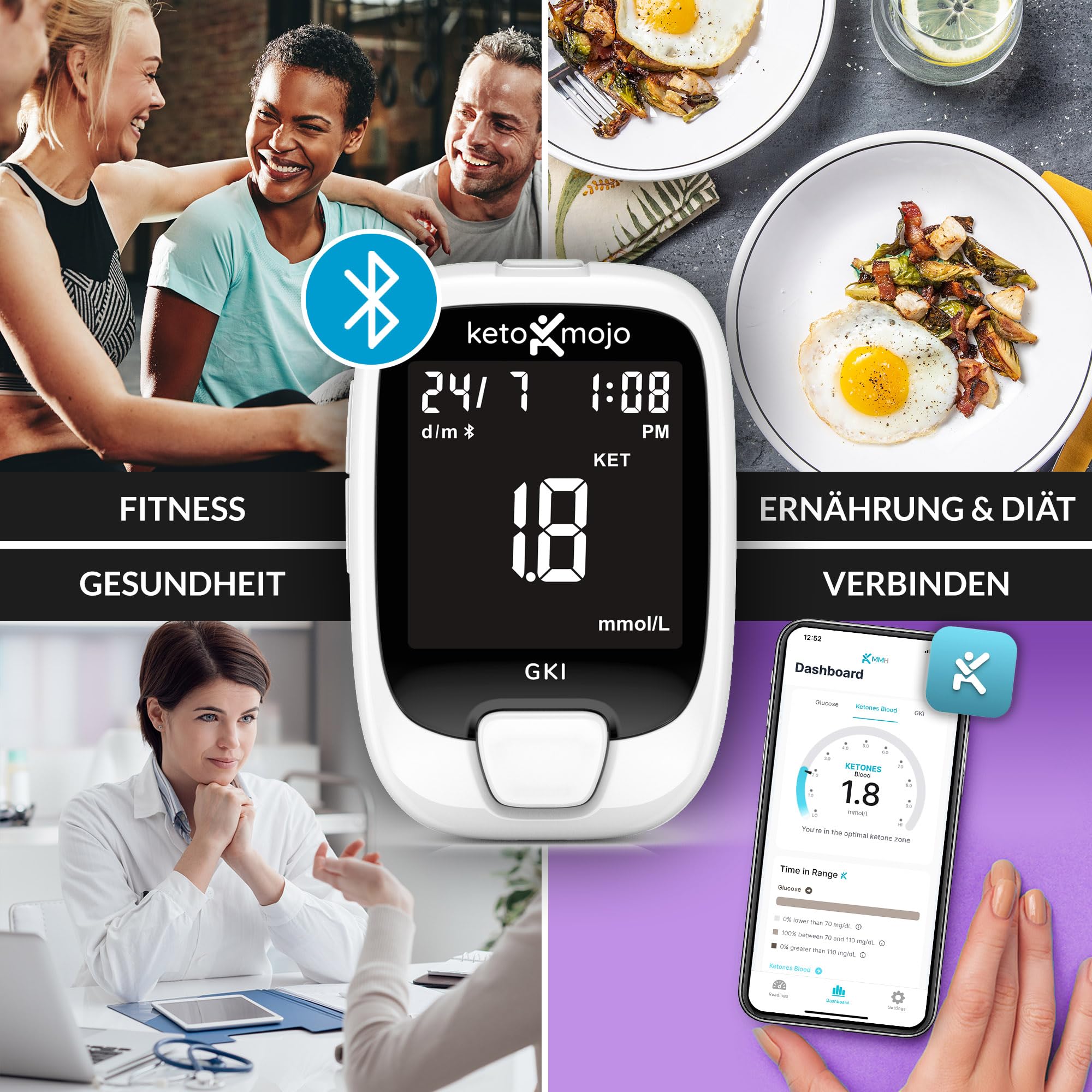 KETO-MOJO GKI Bluetooth Glukose- und Keton-Testkit (mmol/L) + kostenlose APP für Ketose- und Diabetes-Management. 20 Blutteststreifen (je 10), Messgerät, 20 Lanzetten, Stechhilfe und Kontrolllösungen