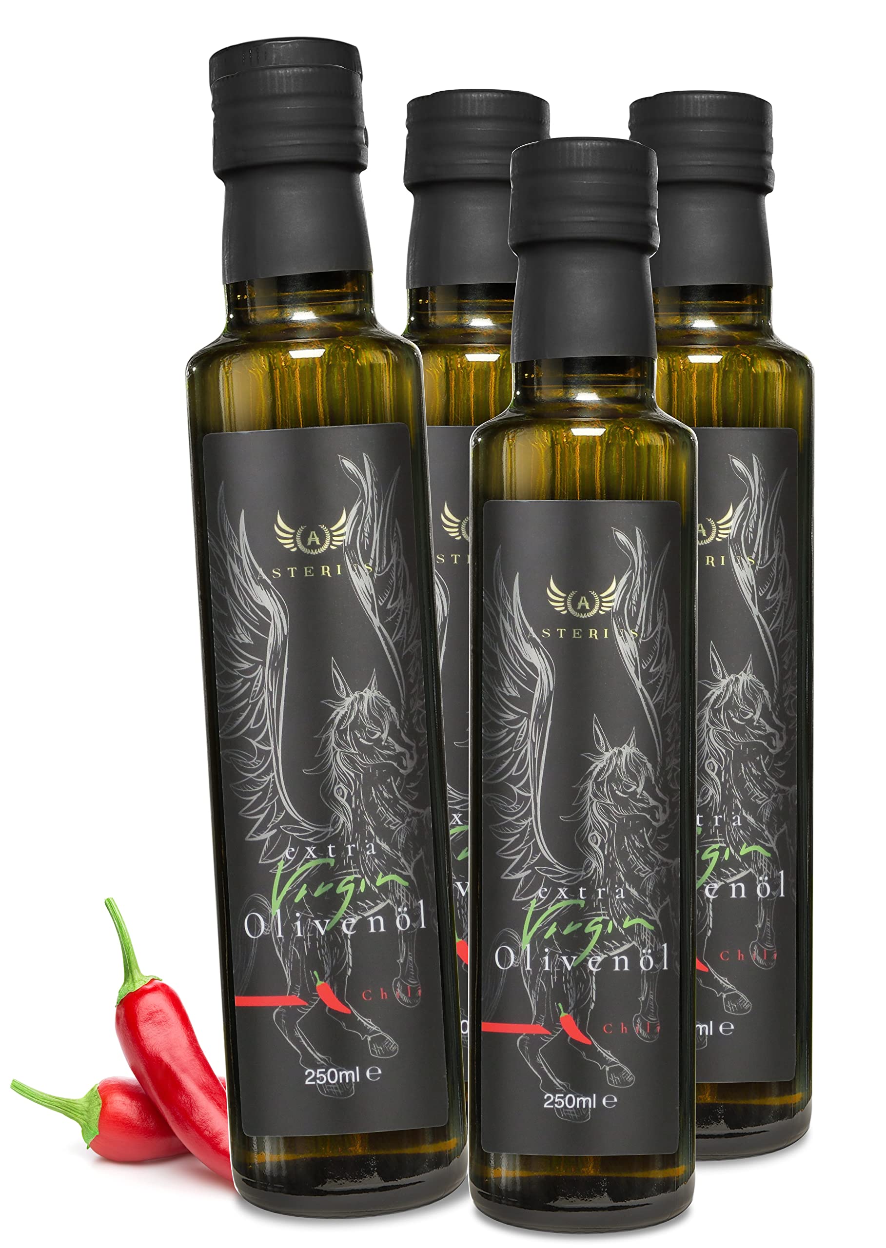 Oliwa z oliwek premium bio tłoczona na zimno Asterius | natywna ekstra ze 100% oliwek Koroneiki | łagodna i owocowa 500 ml (olej chili, 4 sztuki)