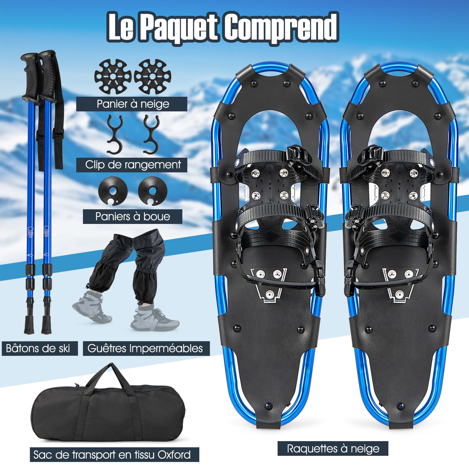 COSTWAY Set de Raquettes à Neige 4 en 1 Aluminium pour Adultes Jeunes, Chaussures Neige Randonnée avec Bâtons Réglable Sac Transport Pointure 35-45, Charge 30-130kg