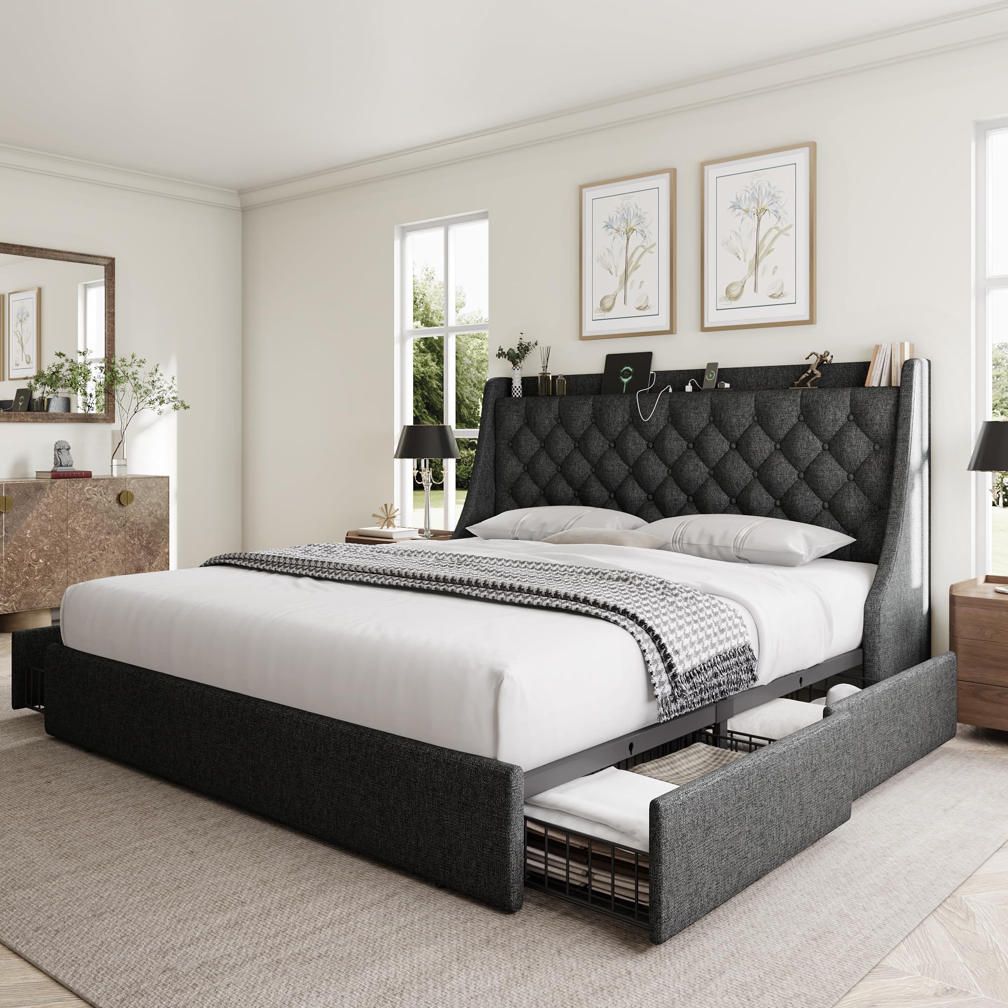 king size bed frame with 4 storage drawers, giant upholstered wingback headboard, fast charging station, no box spring needed, noise-free, dark gray