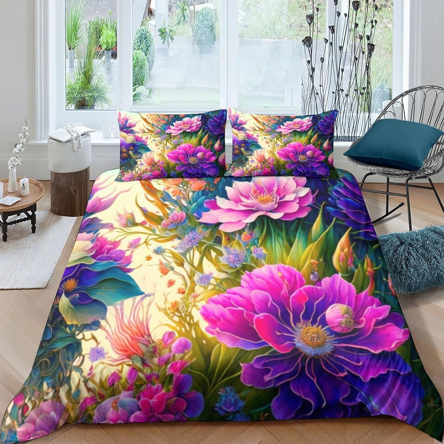 Colored Flowers Three Piece Suit Cartoon Quilt Cover Set - Super Soft Bedding Set for Kids with Pillowcase - Lightweight and Breathable Microfiber Bed Linens