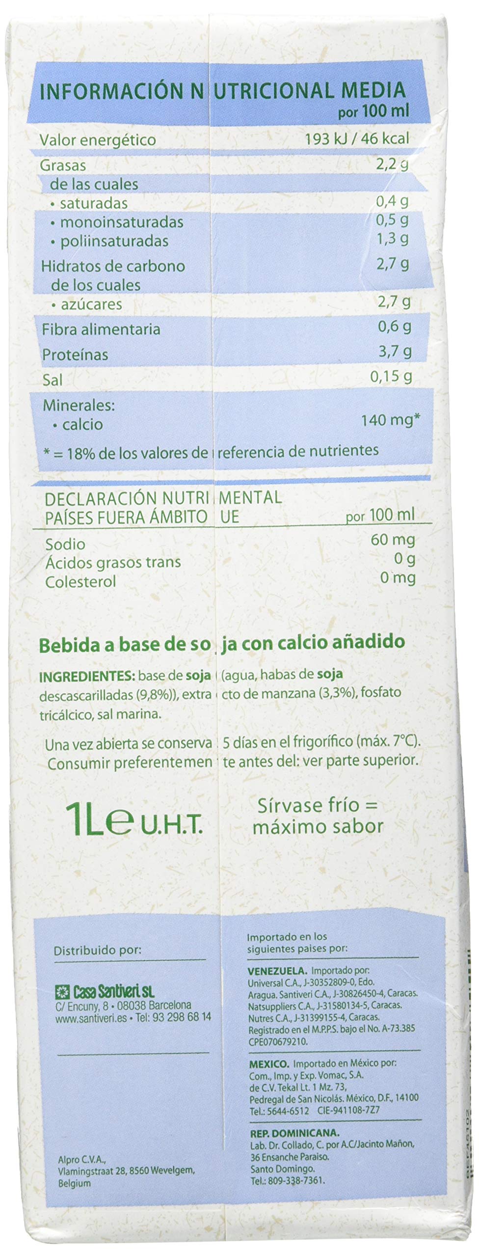 Santiveri - Bebida Soja Calcimel - Fuente de calcio y nutritiva, 1 Litro