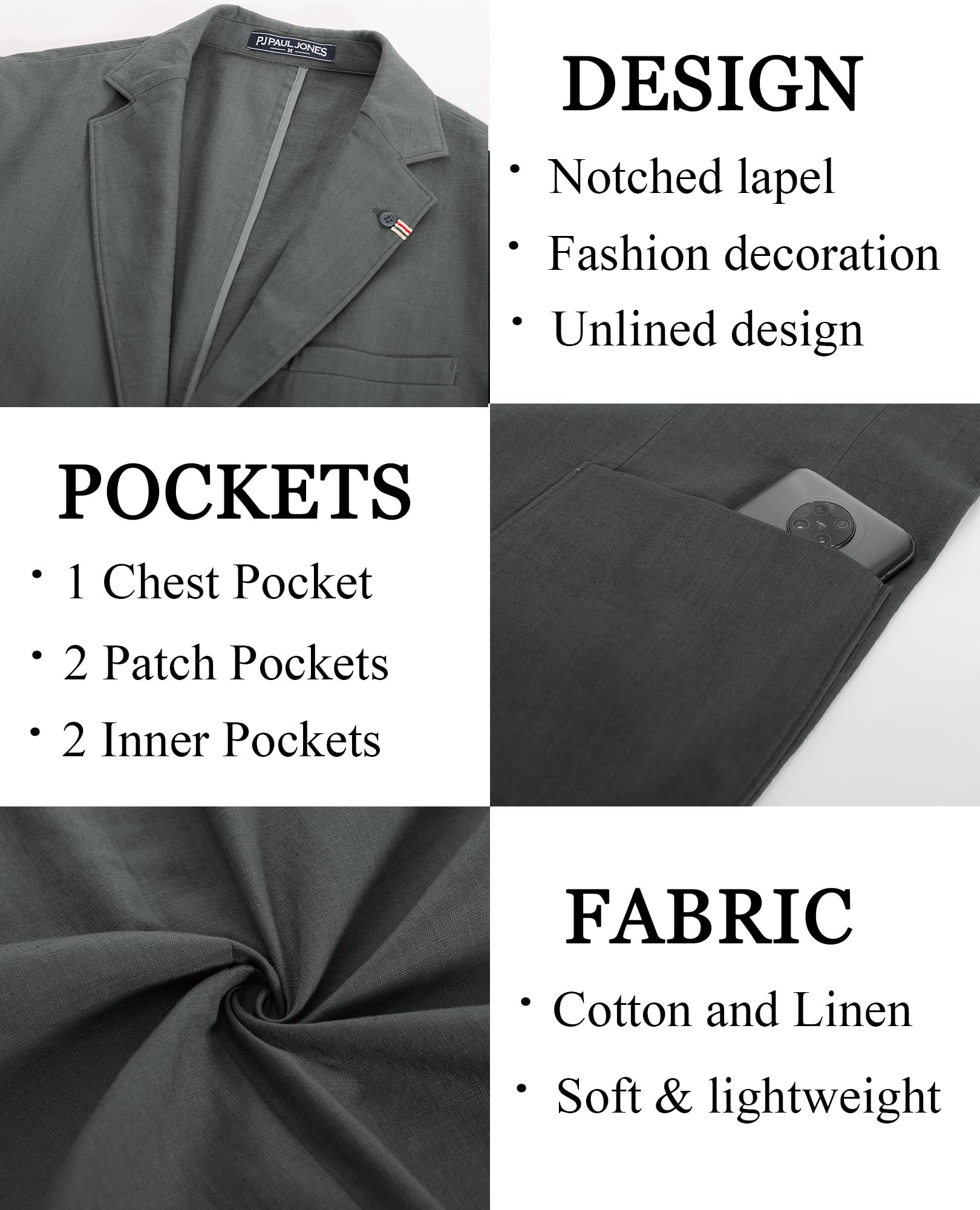 PJ PAUL JONES Blazer décontracté en coton et lin pour homme - Léger - 2 boutons - Non doublé