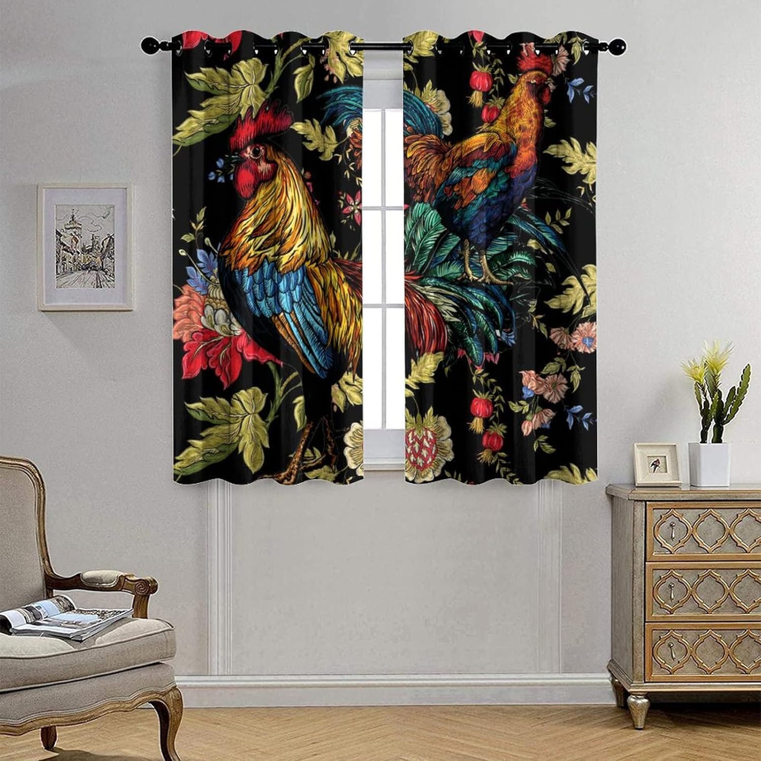 Abstract Farmhouse Rooster Curtains,Cute Animal Rustic Chicken Flowers Window Curtains Thermal Insulated Grommet Blackout Curtains for Bedroom 2 Panels 63L x 21W