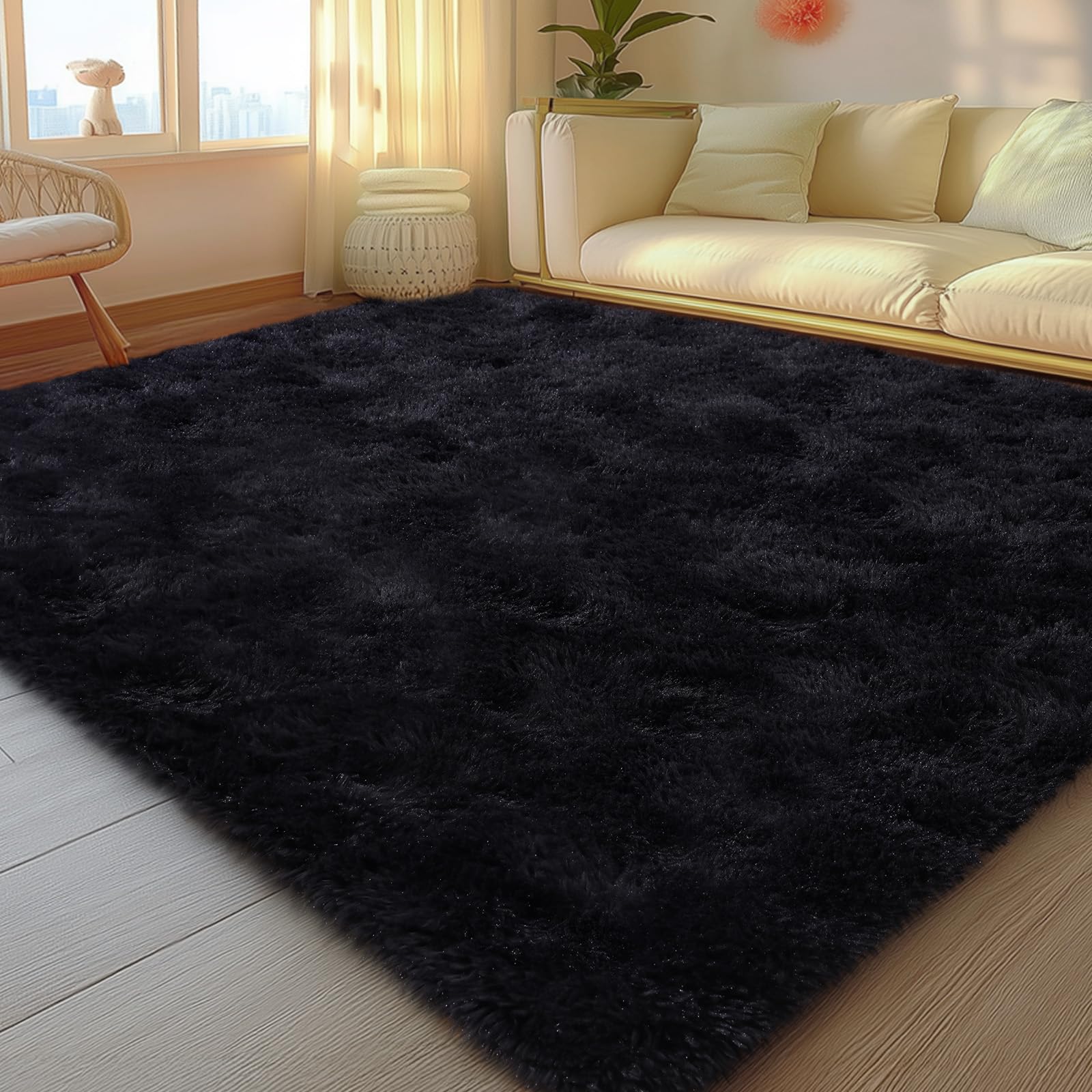 Mugorn 5x7 Rugs for Living Room, Black Large Fluffy Area Rugs for Bedroom, Soft Carpet Shag Kids Rug with 4 Non-Slip Rug Pads(5ft x 7ft, Black)