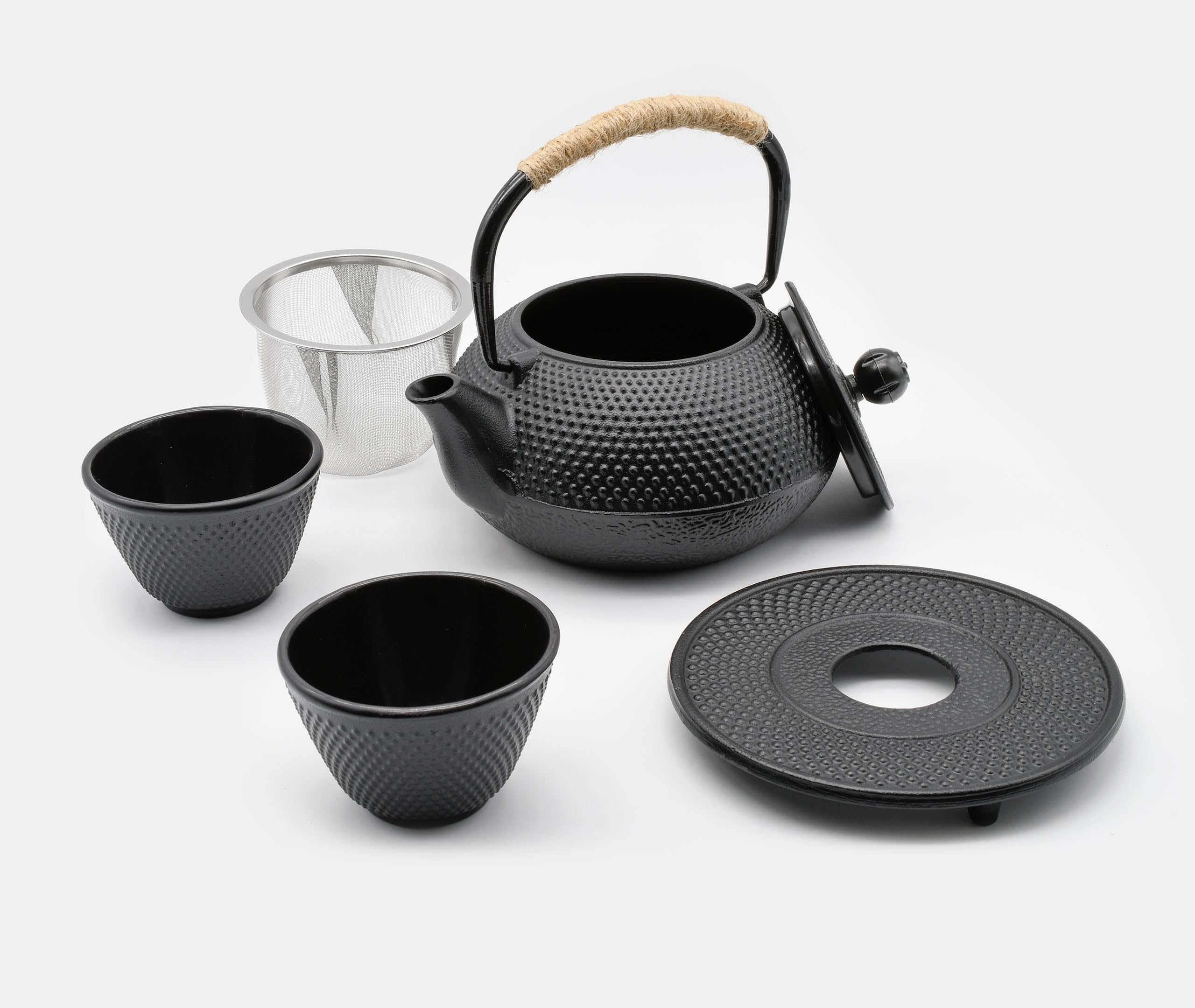 Zen Minded Teiera tradizionale giapponese in ghisa Tetsubin, set da 2 tazze, sottopentola, manico in corda e filtro in acciaio inox, per tè verde e infusi, 800 ml, motivo arare nero
