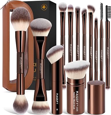 MAGEFY Double-Ended Makeup Brushes 22-in-12 PCS Professional Make Up Brushes Multifunctional Makeup Brush Set for Foundation Powder Blush Eyeshadow Blending Kit (Brown)