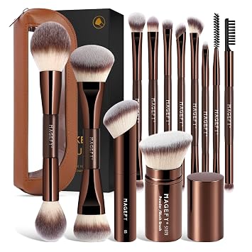 MAGEFY Double-Ended Makeup Brushes 22-in-12 PCS Professional Make Up Brushes Multifunctional Makeup Brush Set for Foundation Powder Blush Eyeshadow Blending Kit Brown