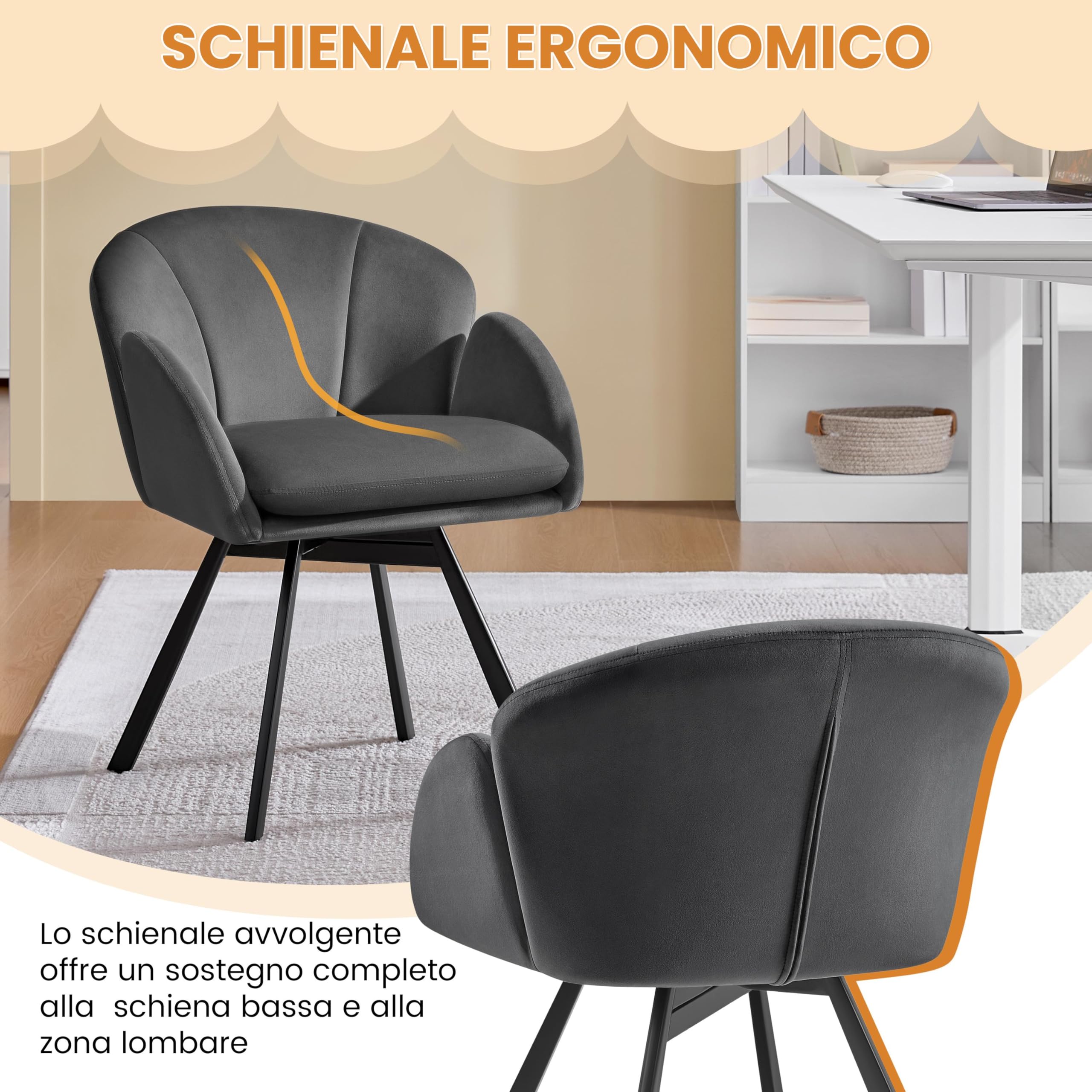 Yaheetech Poltrona Girevole a 360° da Camera da Letto, Sedia da Trucco Moderna a Forma di Fiore in Velluto di Ciniglia, Poltroncina per Camera Salotto Ufficio Grigio Scuro