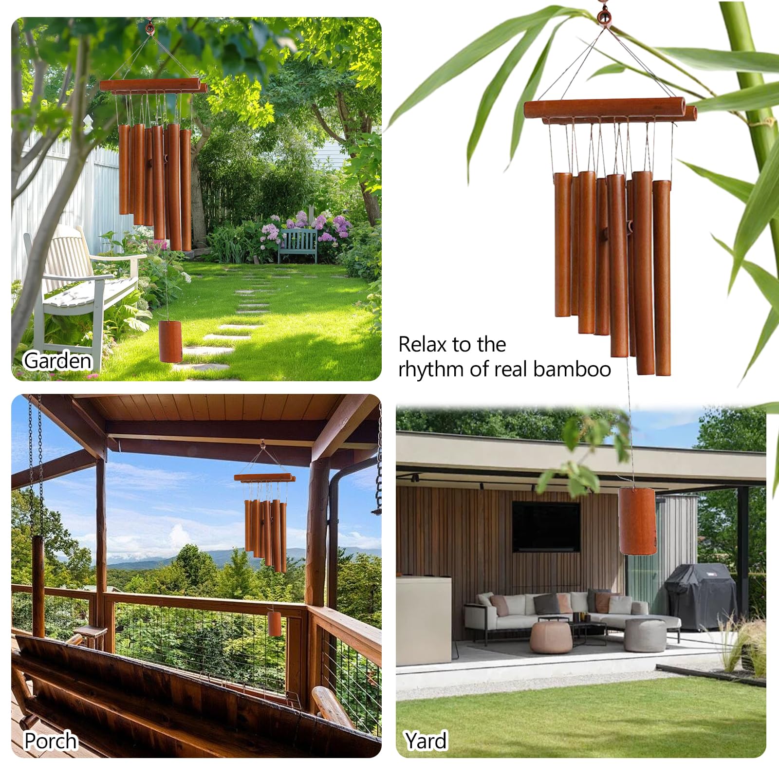 Campanillas de Viento, Campas de Viento de Bambú, Campanillas de Eólica Colgantes, Carrillón de Madera para Exteriores e Interiores, para Terraza, Jardín, Balcón, Patio, Color de la Madera