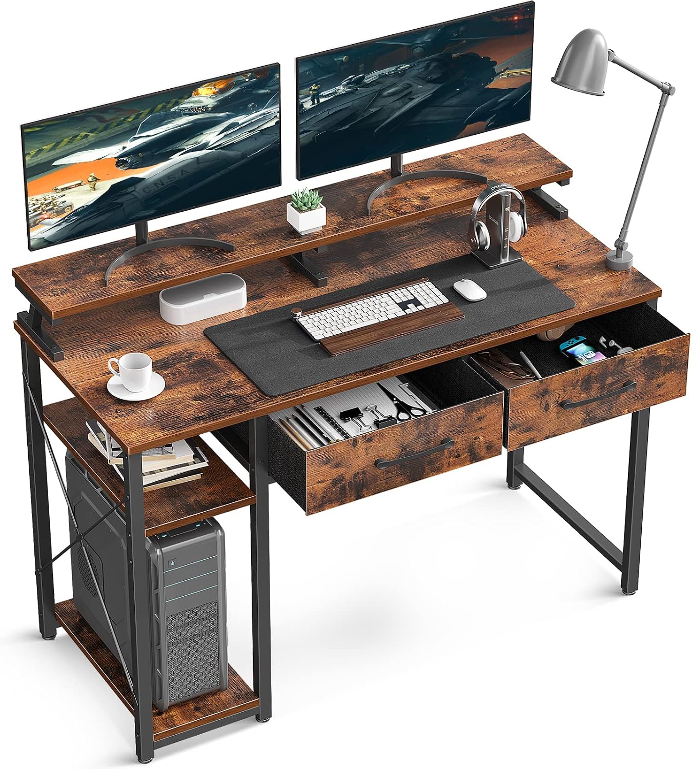 ODK Computer Desk 39" Table: Office Desk with Drawers & Wood Storage Shelves, Home Work Writing Desk & Large Space Monitor Stand,Brown