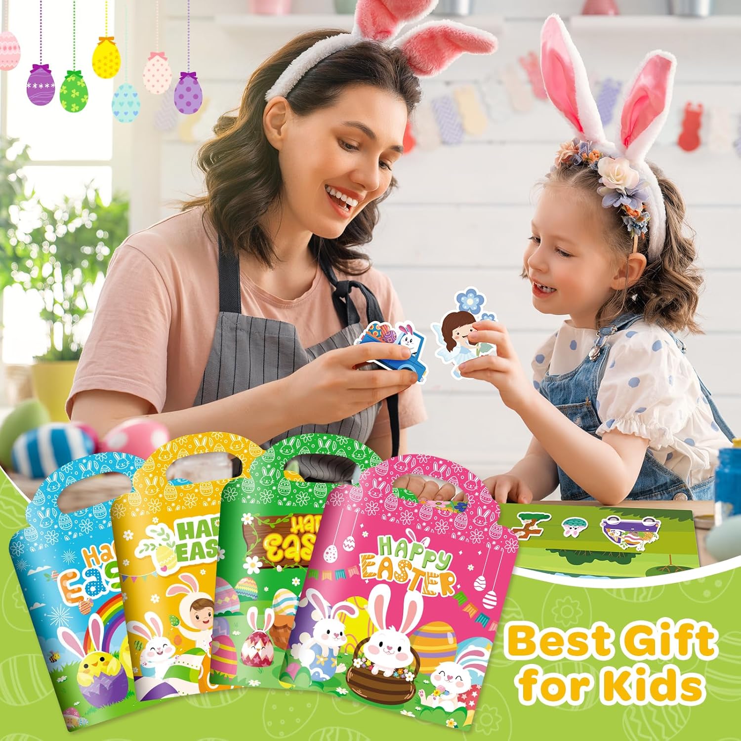 4 Pack Easter Reusable Sticker Book for Toddlers 1-3, Easter Stickers Bulk for Kids 3-5, Easter Crafts Basket Stuffer Activity Book, Baby Easter Toys Gifts Basket Stuffers Essentials for Boys Girls