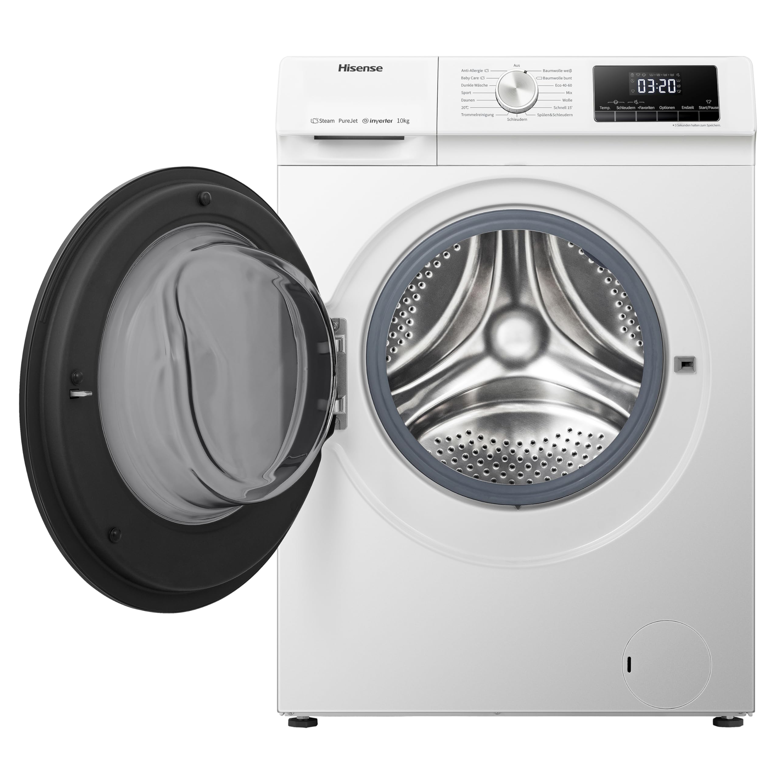 Hisense WFQA1014EVJM Waschmaschine mit Dampffunktion/10 kg/AquaStop /1400 U/min /15 Programme/Inverter PowerDrive Motor/Edelstahltrommel/Kindersicherung/Trommelreinigung/Weiß