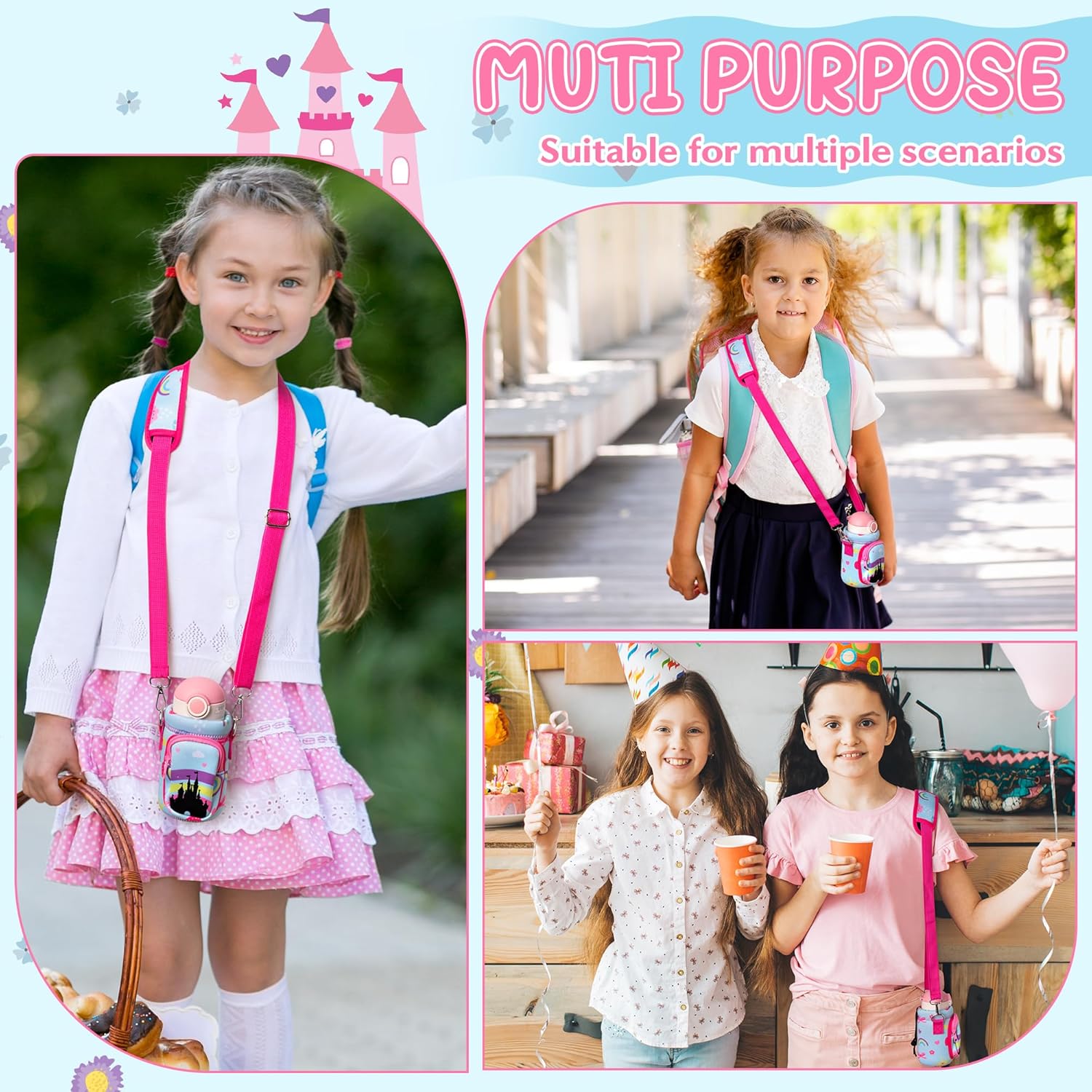 Water Bottle Carrier Bag with Strap for Kids - Water Bottle Bag Holder with Padded Strap Pocket 10/12/14/16/18Oz for Boys Girls School Walking Hiking Camping - Image 5