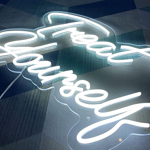 Miniatura 6 de Letrero de neón con texto en inglés "Treat Yourself", 21.65 x 15.7 pulgadas, letreros de luz de neón personalizados para dormitorio para pared,