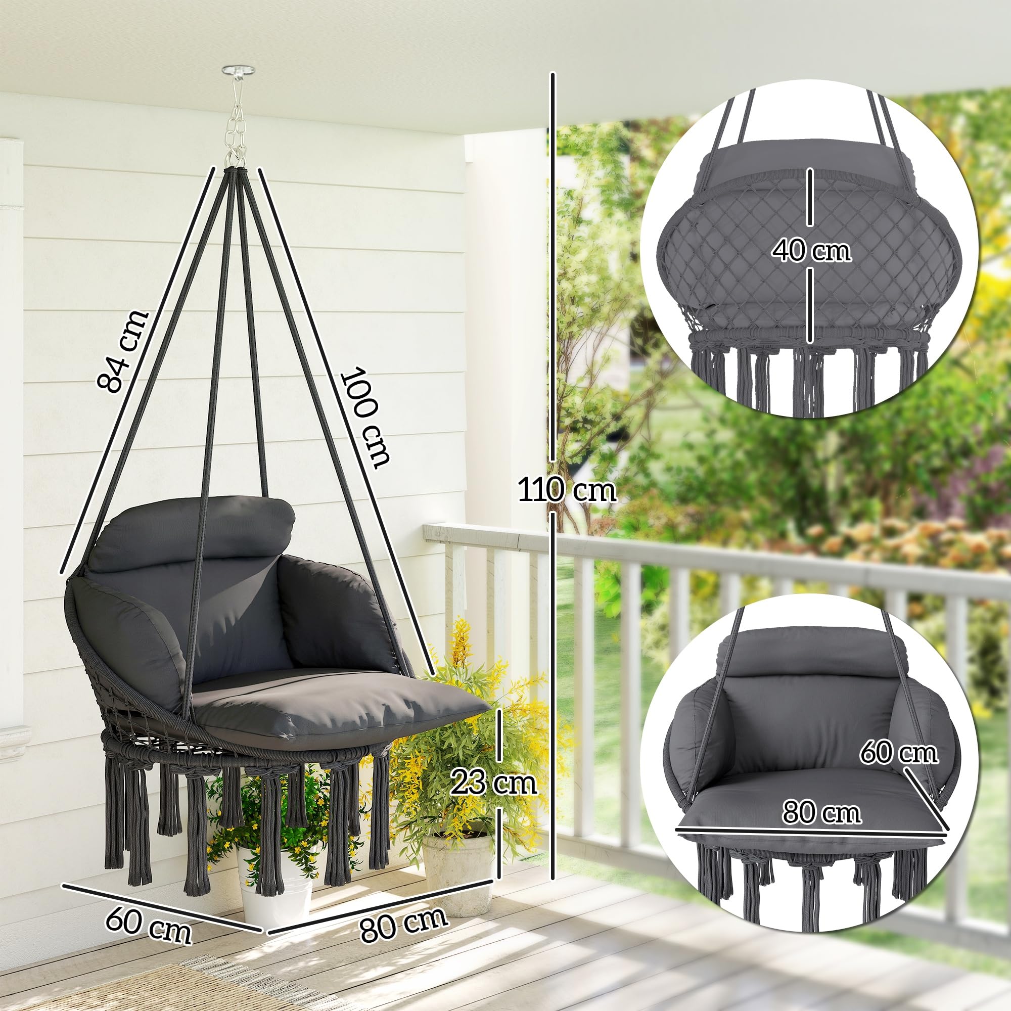Outsunny Chaise Suspendue avec Grand Coussin rembourré, Fauteuil Suspendu à Franges, kit de Suspension Inclus, hamac Cadre en Acier, Tissage serré, Gris foncé