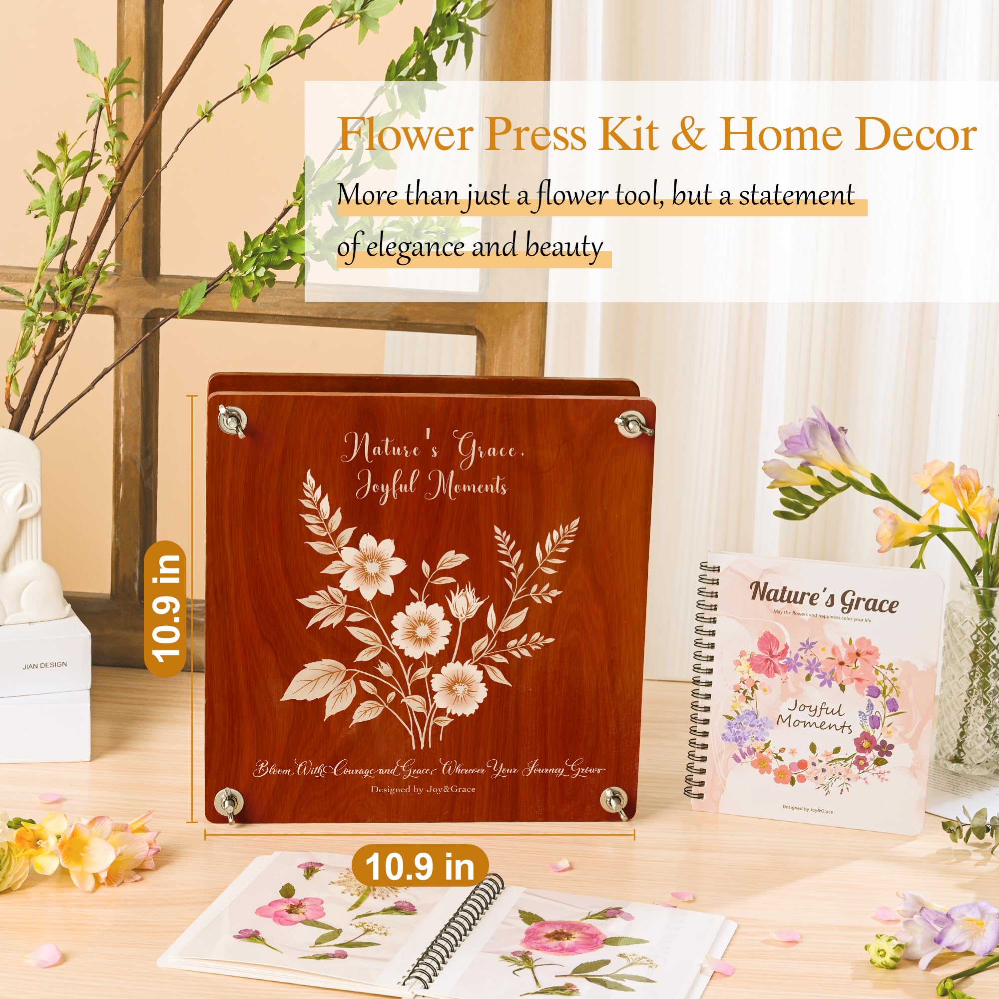 Kit de presse à fleurs Joy&Grace 27,7 x 27,7 cm 10 couches avec album photo DIY acajou