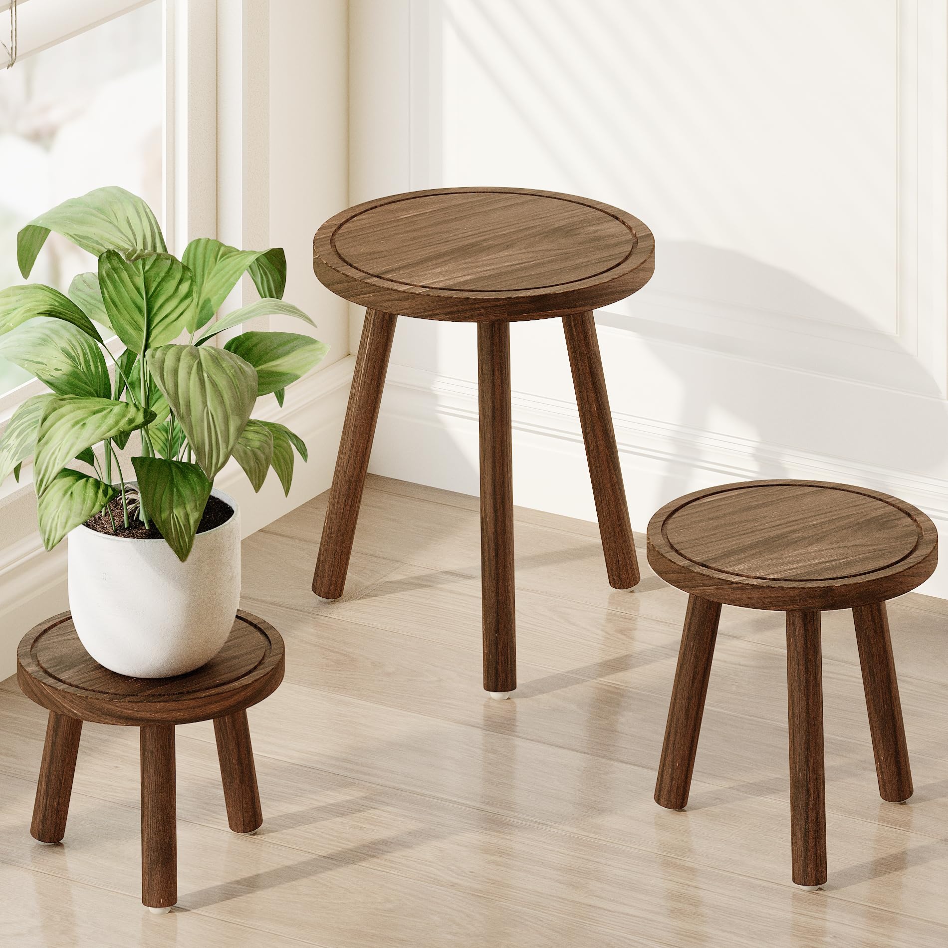 Bamworld Lot de 3 supports de plantes d'intérieur simples pour plusieurs plantes, tabouret d'angle en bois pour terrasse, jardin, balcon, salon, chambre à coucher (marron)