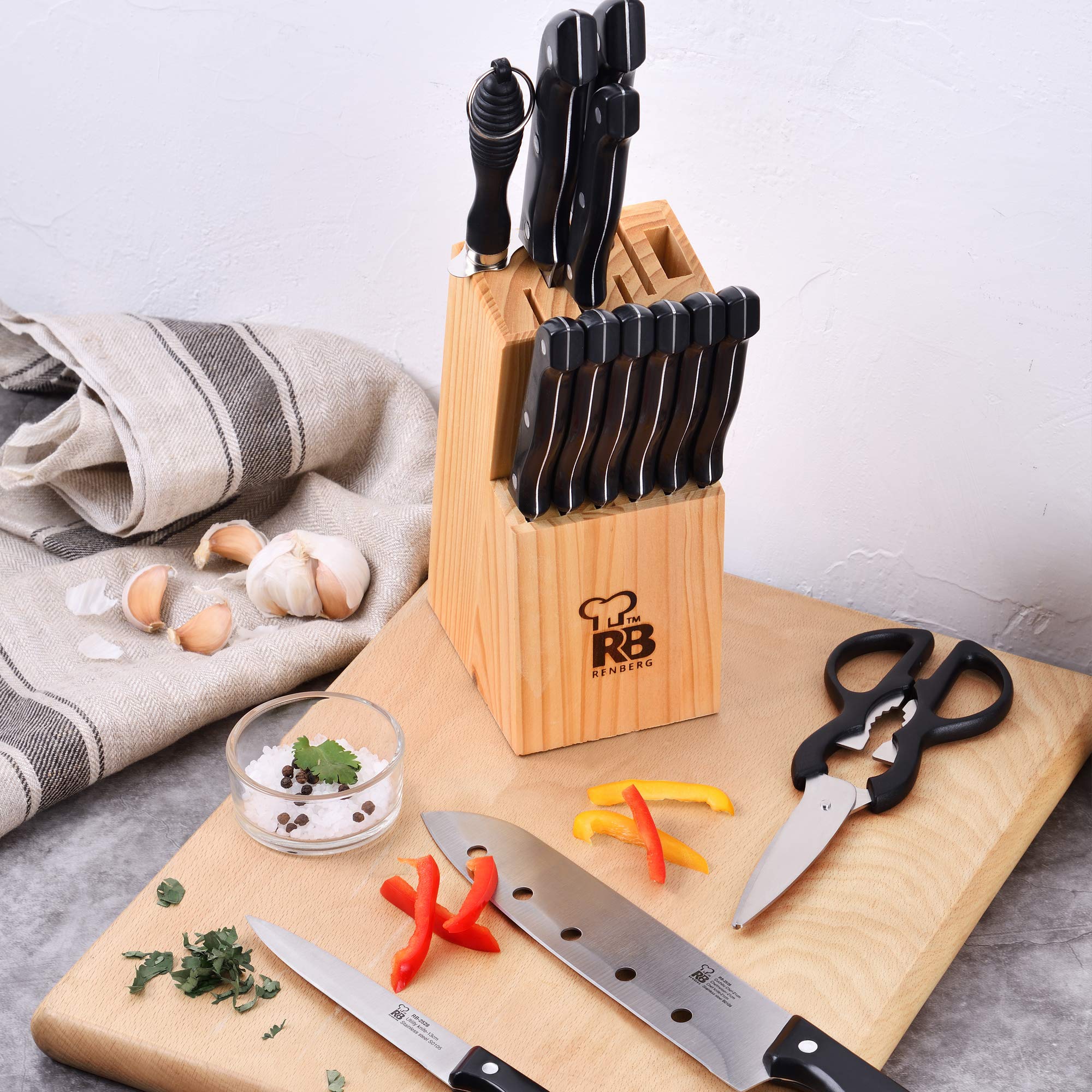 Renberg Tenessy Set Cuchillos de Cocina 15 Piezas Acero Inoxidable Tacoma Madera
