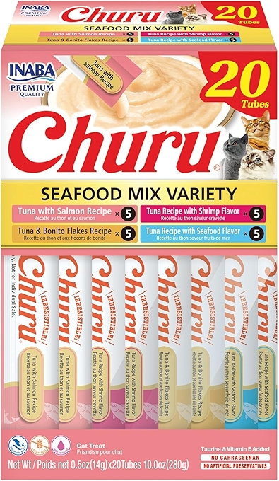 INABA Churu Creamy Purée Cat Treats with Green Tea Extract & Taurine - Seafood Variety
