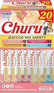 INABA Churu Cat Treats, Grain-Free, Lickable, Squeezable Creamy Purée Cat Treat/Topper with Vitamin E & Taurine, 0.5 Ounces Each Tube, 20 Tubes, Seafood Variety Box