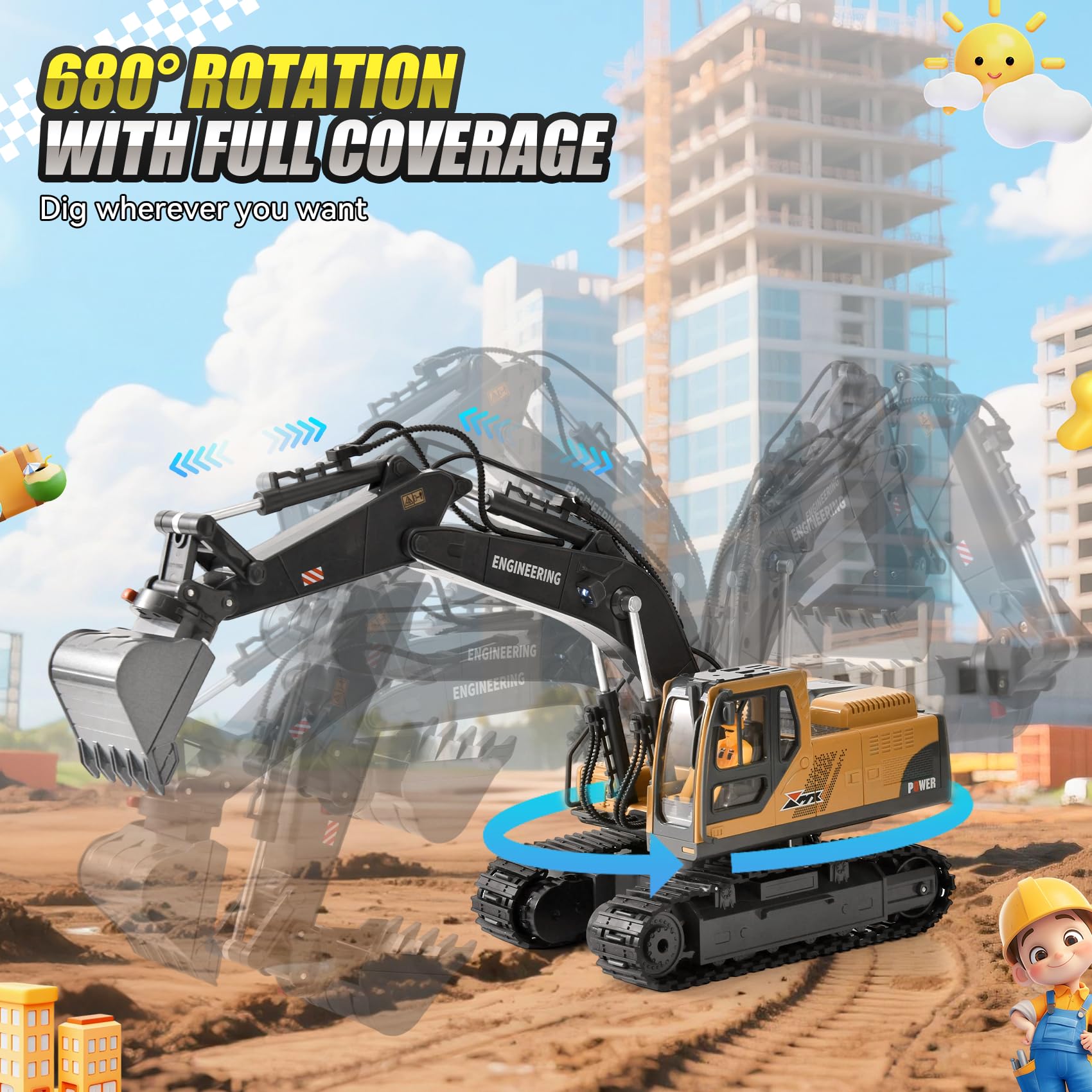 Excavadora RC 3 en 1 Radiocontrol con Cuchara Metálica Garra y Taladro 2.4GHz 14 Canales Rotación 680° Luces LED y 2 Baterías Juguete de Construcción Regalo para Niños 3-12 Años