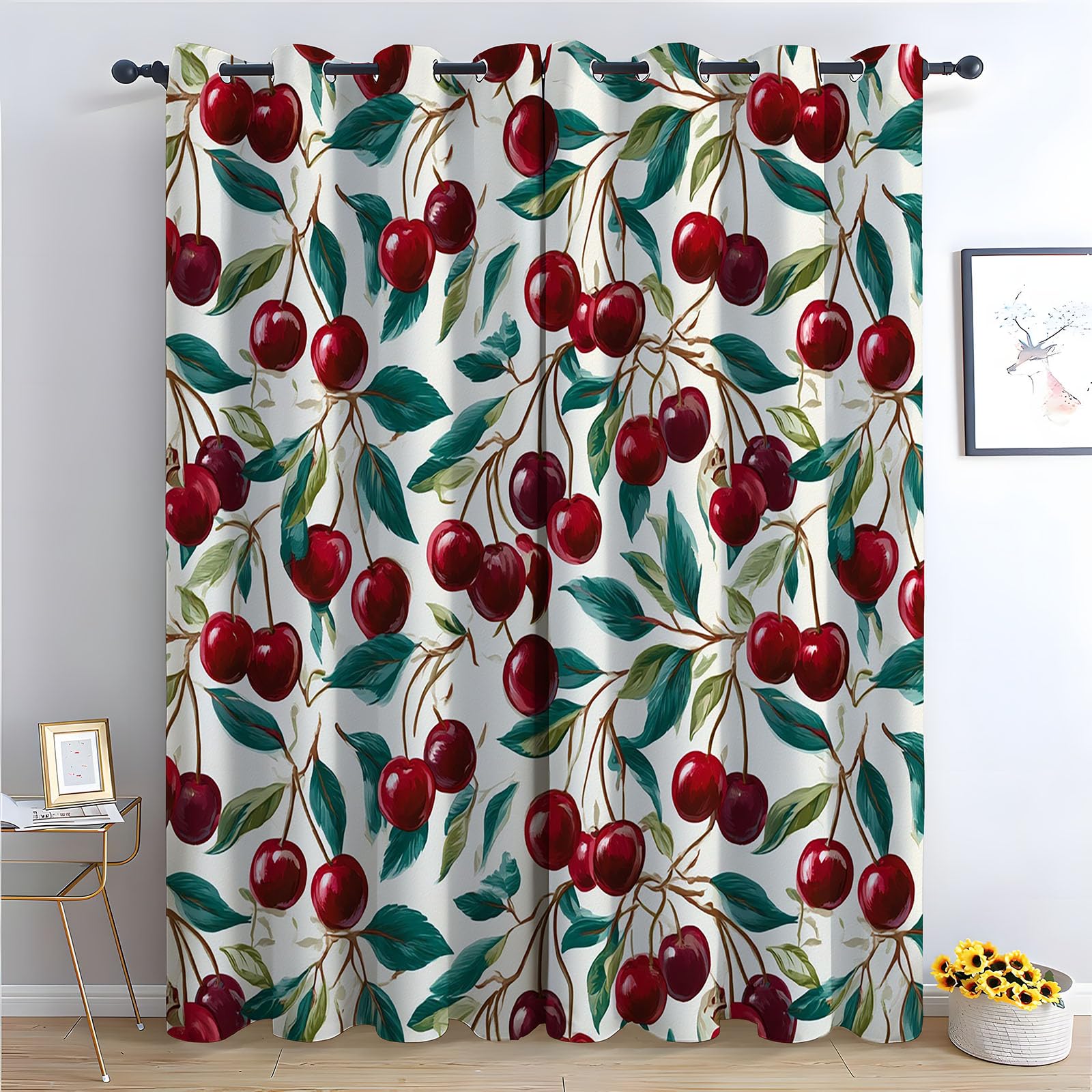 TERUEA Window Drapes Thermal Insulated Curtains for Bedroom, Red cherry fruit green leaf Landscape Garden Curtains-52 W x 108" L (Pack of 2)