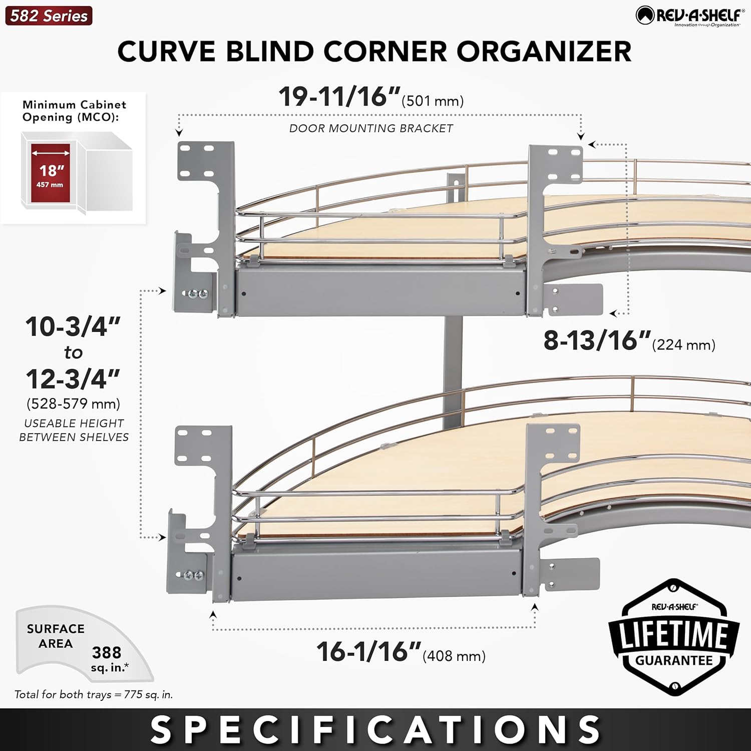 REV-A-Shelf Maple Two-Tier Solid Bottom Curve Optimizer for 18" Left Opening/Blind Right Corner Cabinets