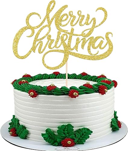Vista 127 de Rsstarxi 1 paquete de decoración de pastel de Navidad con purpurina verde y rojo hojas de acebo y bayas, sombrero de Papá Noel, barba, decoración