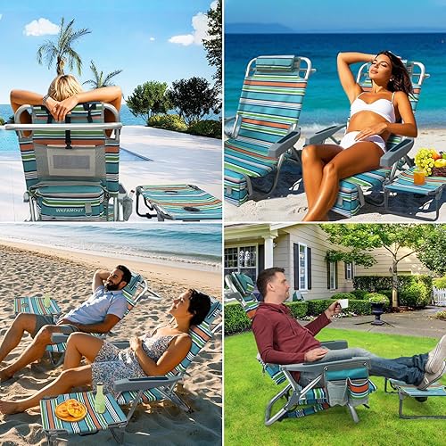 Miniatura 7 de Silla de playa de aluminio con mesa de camping plegable de 5 posiciones, silla de descanso plana para exteriores para adultos con bolsa térmica