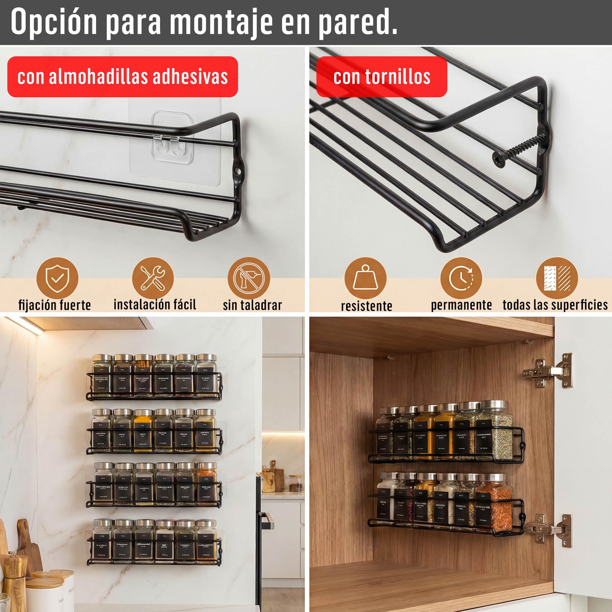 Deco haus® Especiero de Pared sin Taladro Con 24 Tarros de Cristal - 4 Piezas Para Cocina
