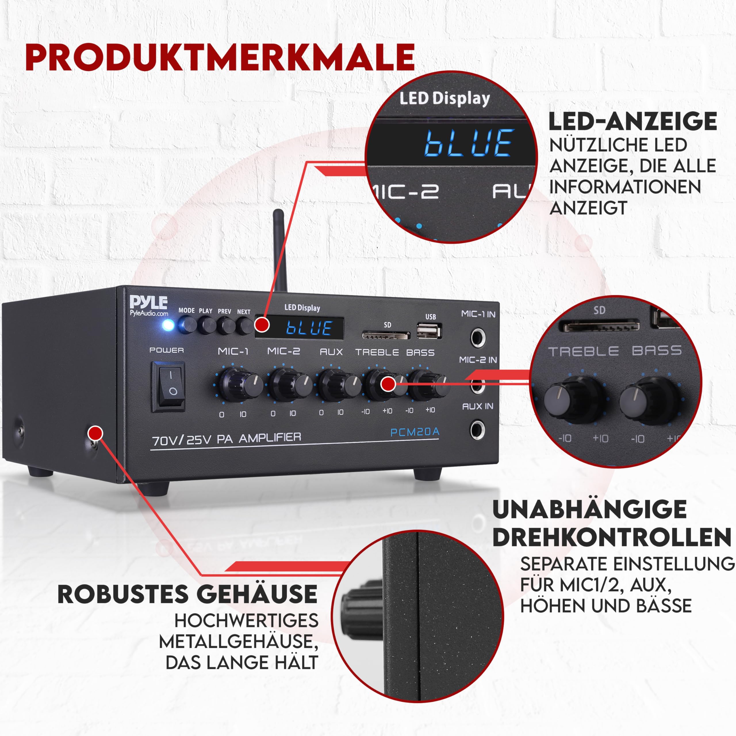 Pyle PA- Verstärker, Bluetooth Amplififer- 70 V/25 V mit 2 Mic- Eingängen, AUX, USB, SD, MP3, LED- Display & Bass/Treble Regelung, 40W, Kompakt für Beschallung & Musik