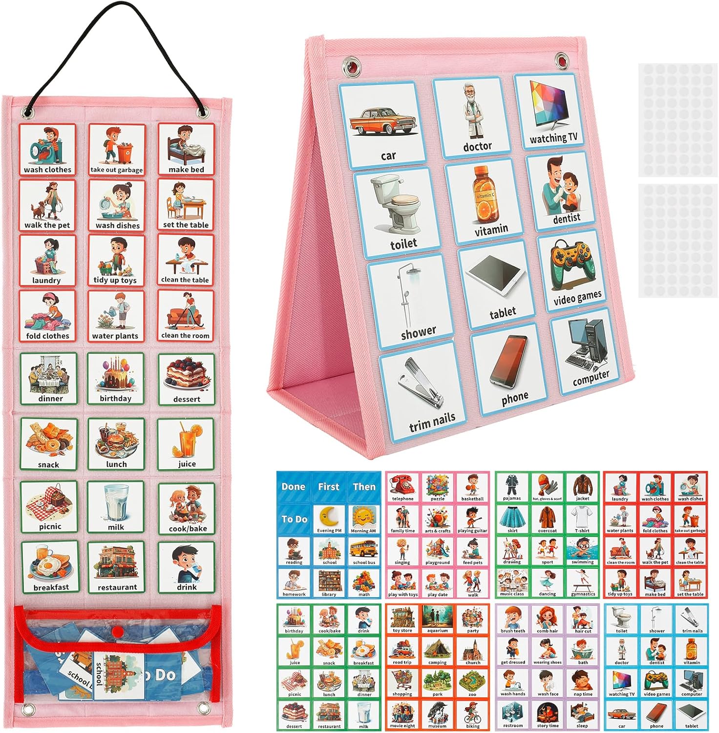Visual Planner Chore Chart, Autism Daily Chore Routine Chart with 70 Cards Autism Learning Materials Kids Visual Behavioral Tool Wall Planner Visual Schedule Calendar Chart for Kids Boys Girls (pink)
