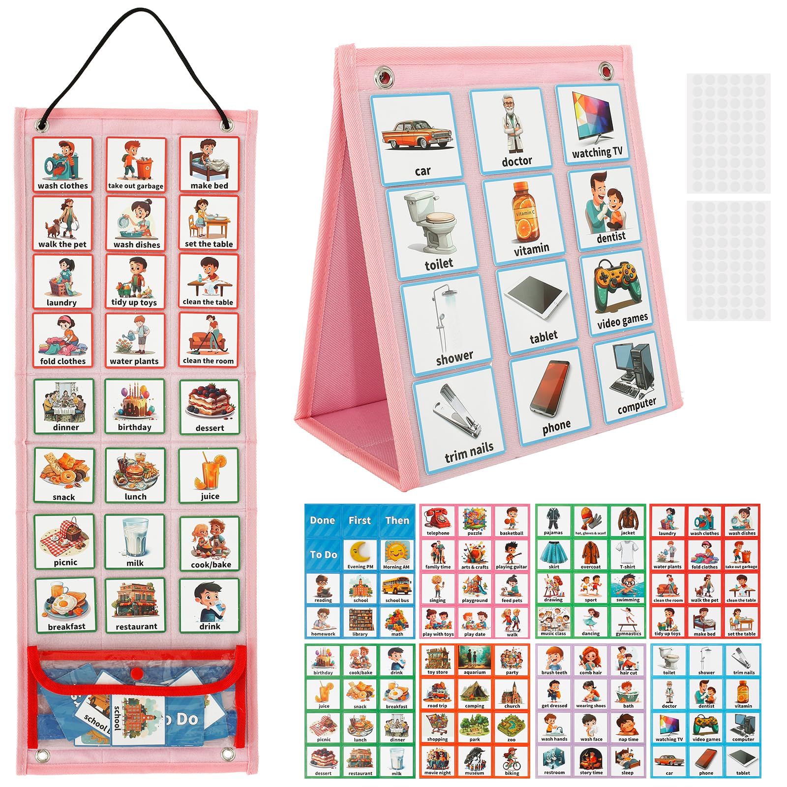 Visual Timetable for Kids with 96pcs Chore Chart, Children Daily Routine Chart Planner, Hanging Felt Kids Visual Schedule Calendar Now and Next Board Sensory Equipment for Home School (pink)