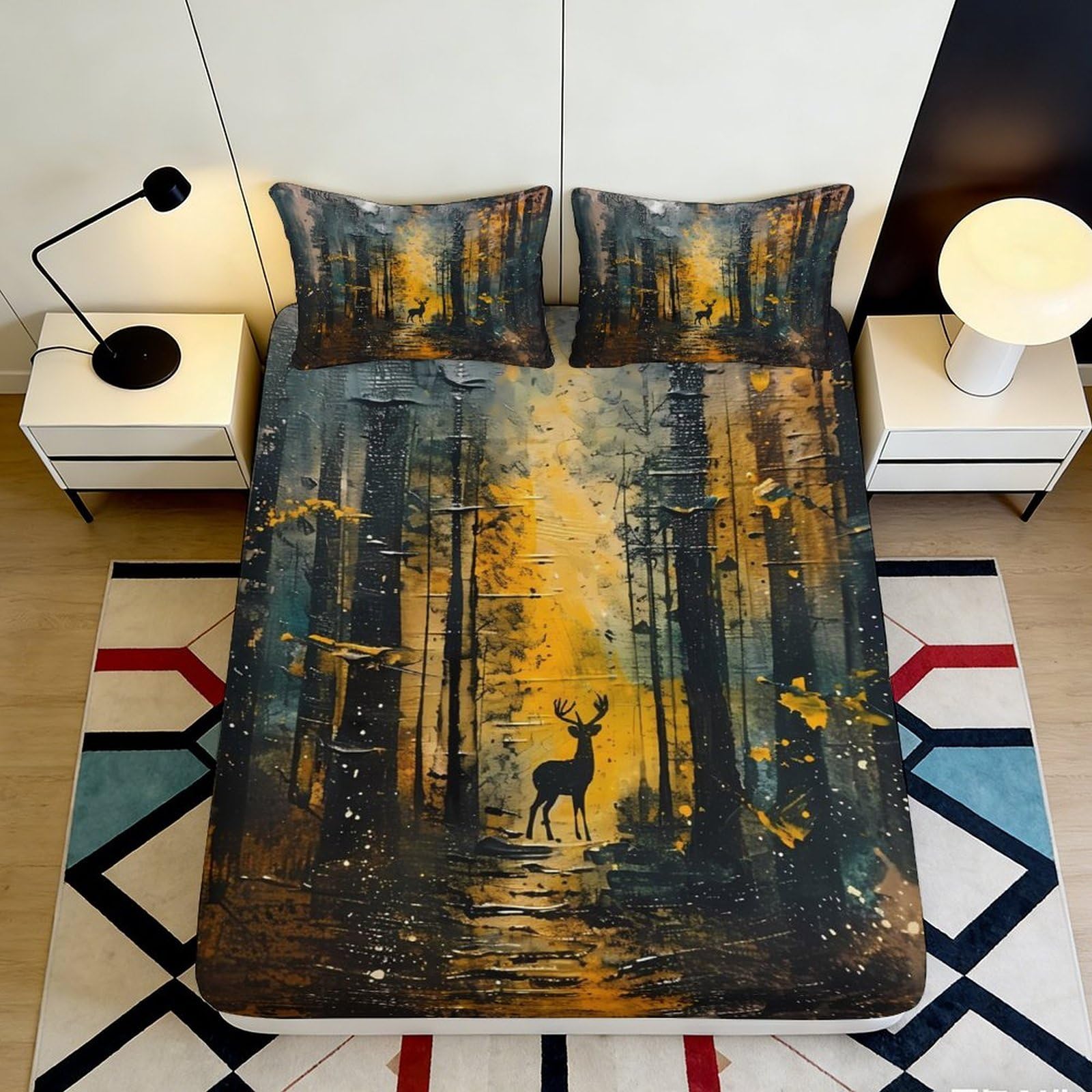 3D Printed Forest Sunrise Fitted Sheet Microfiber Soft Breathable Deer Pattern Mattress Cover Bedroom Decor 90x200x25cm