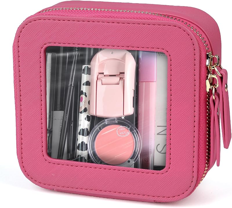 Necessaire transparente FASAOH para maquiagem e viagem com zíper, rosa-choque