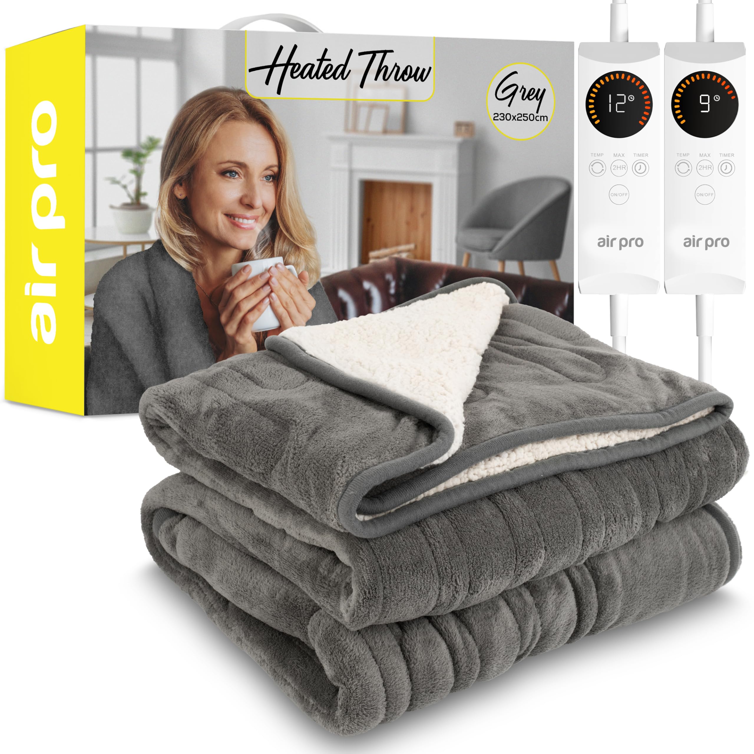 Air Pro Heated Throw - Dual Control Electric Blanket - Digital Controller - Timer up to 9 hours, 6 Heat Settings, Auto Shutoff - Machine Washable - King Size 230x250cm - Grey Shearling