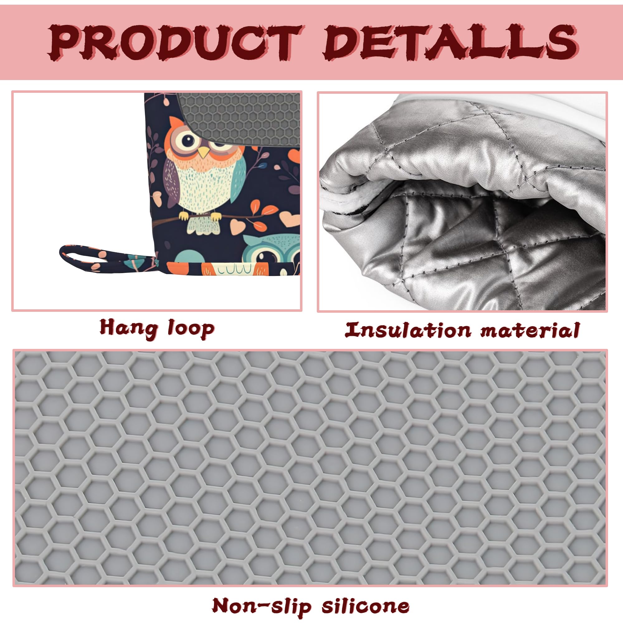 Cute Owl - Juego de 4 manoplas de horno de silicona resistentes al calor y soportes para ollas, extralargos, antideslizantes, para cocinar, hornear, asar a la parrilla