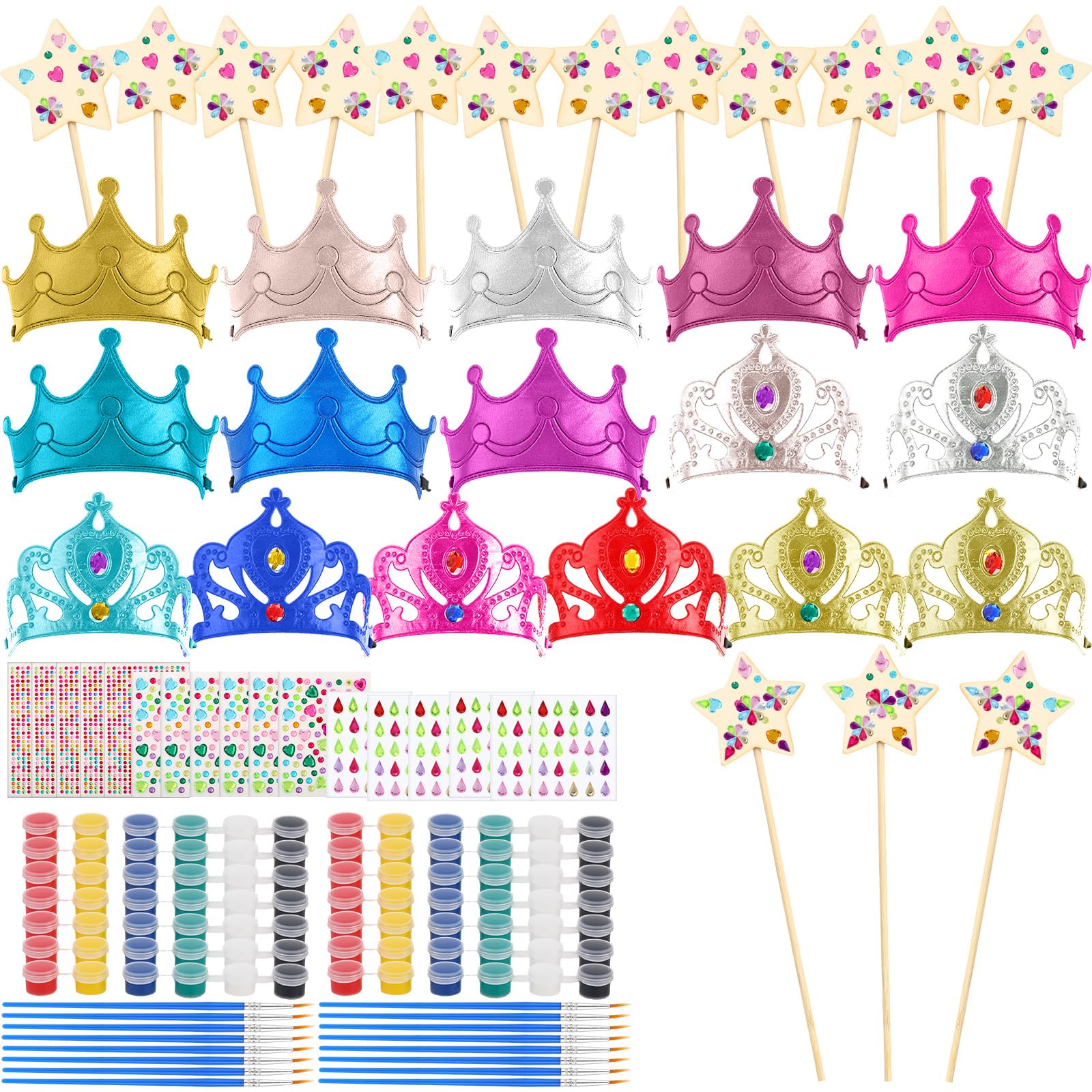 Shappy 64 Pieces Fairy Craft Kit Include 16 Unfinished Wooden Princess Wands 16 Princess Crowns 16 Gem Stickers and 16 Acrylic Paints for Art DIY Birthday Handwork Party