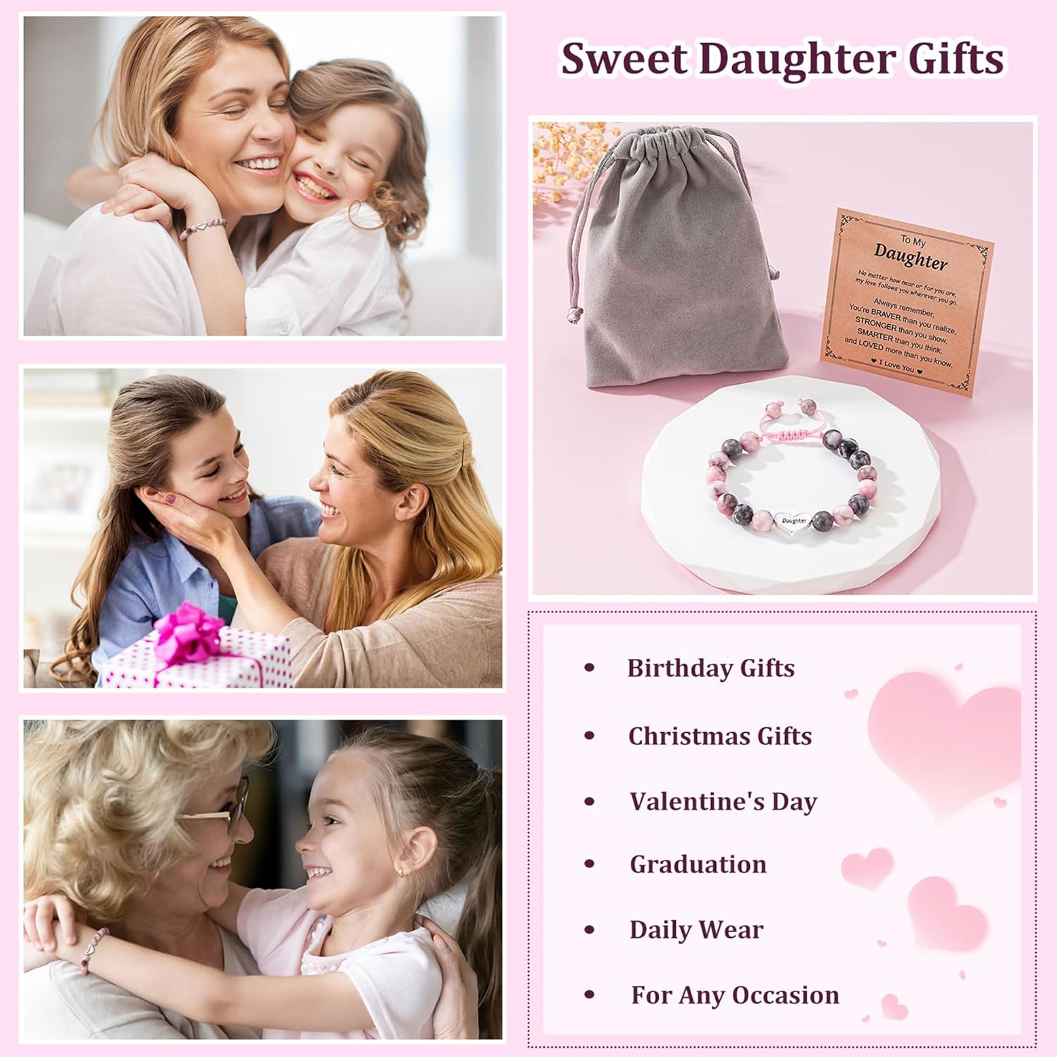 Granddaughter Daughter Gifts -Heart Natural Stone Beaded Bracelet for Girls, Valentines Birthday Gifts for Girls Daughter Granddaughter - Image 6