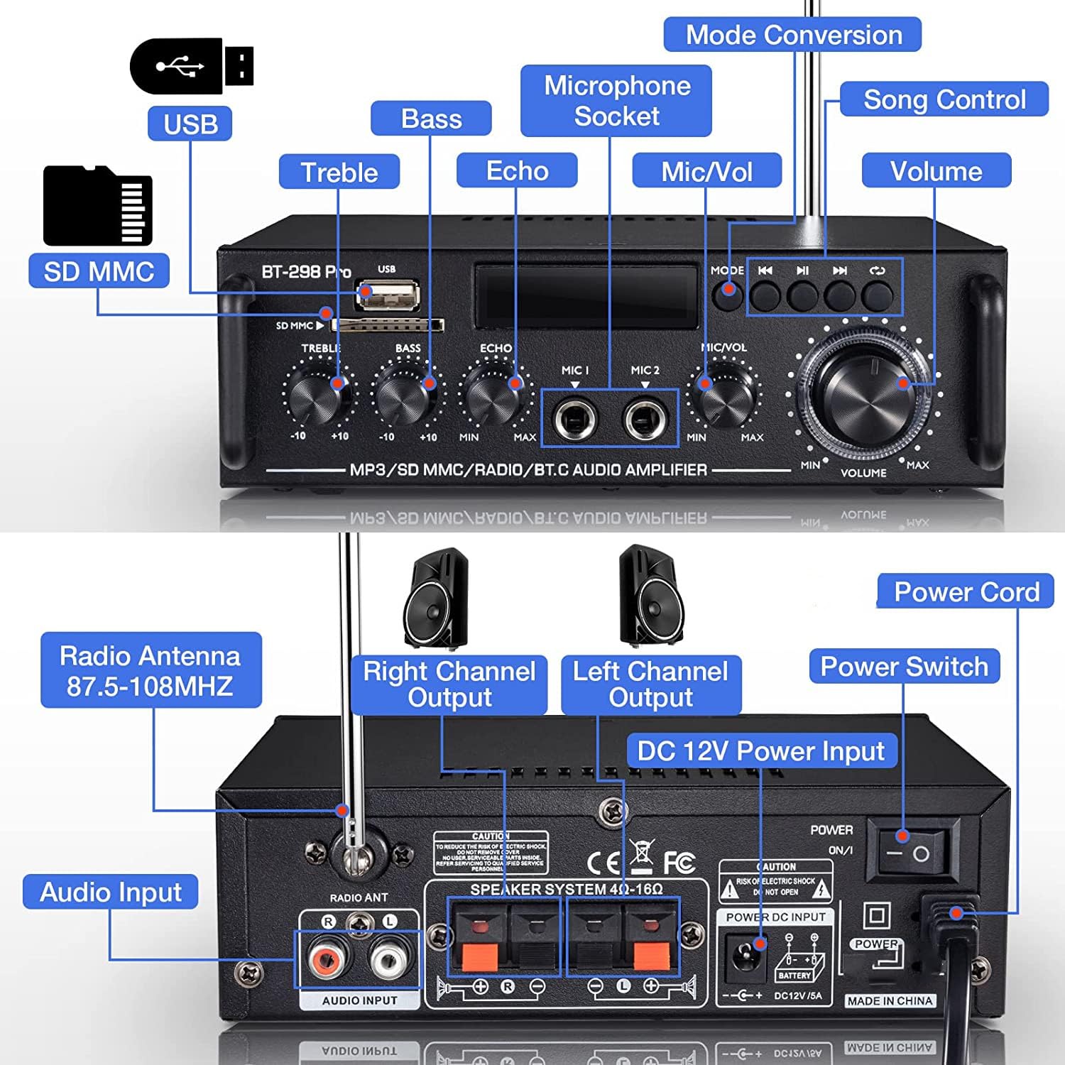 298 Pro Mini Amplificateur Bluetooth 5.0, Audio HiFi 2 Canaux, Max 500W x 2 RMS, 50W x 2, Récepteur Stéréo, Aigus et Basses Avec USB/RCA/MIC/FM