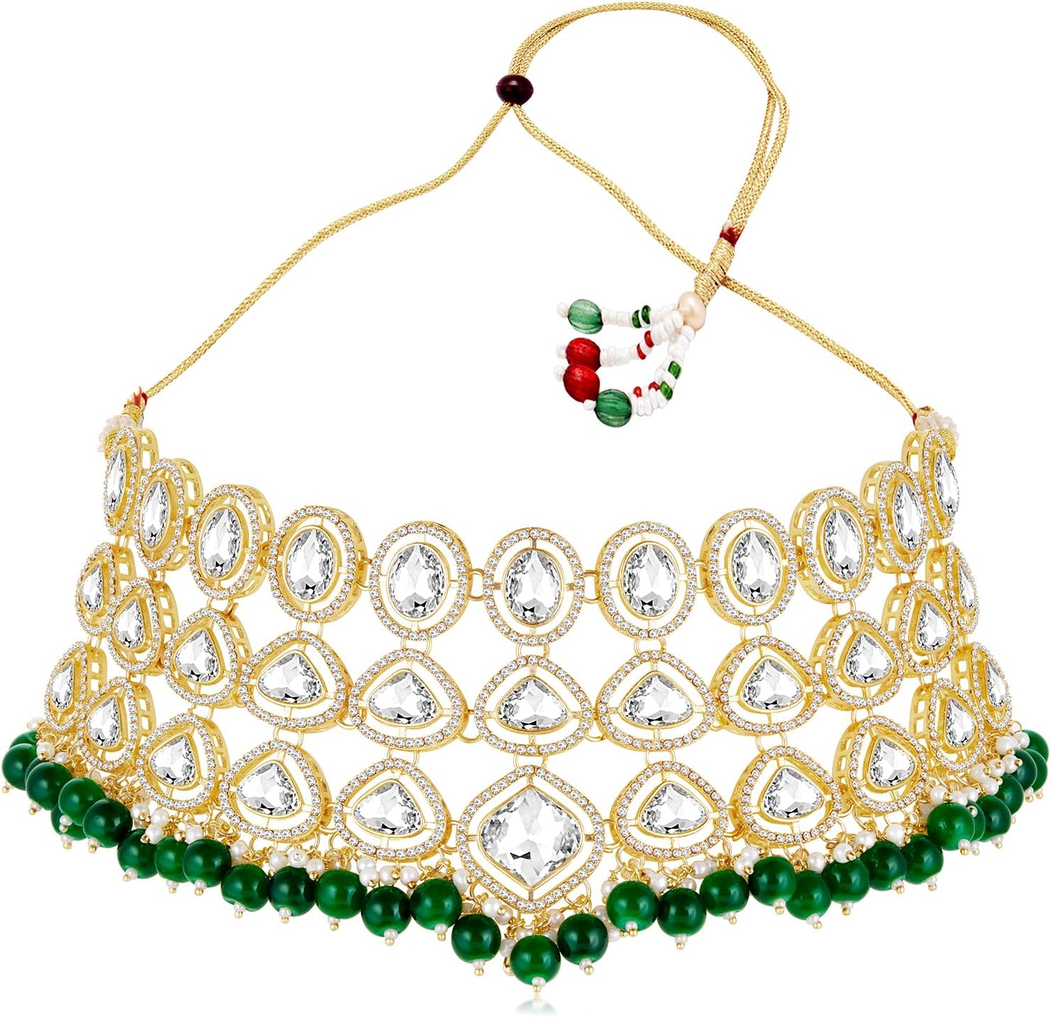 Aheli Cubic Zirconia Crystal & Blue Beads Studded Necklace Dangle Earrings Maangtikka Ethnic Jewellery Set for Women Design 1