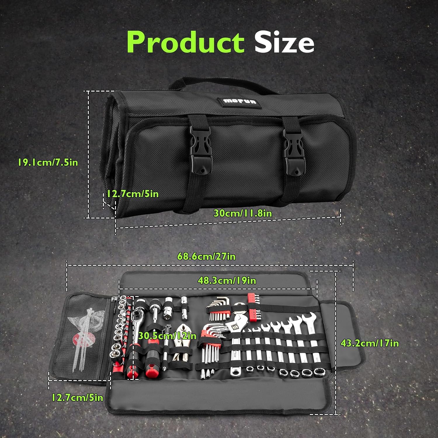 Mofun 64-Piece Motorcycle Tool Kit Universal with Roll Pouch Roadside Travel Wrenches, Ratchet Universal Compatible with Cars Fit Trucks Fit Motorcycles Fit Enduro Dirt Bikes Fit UTVs Fit ATVs, Black