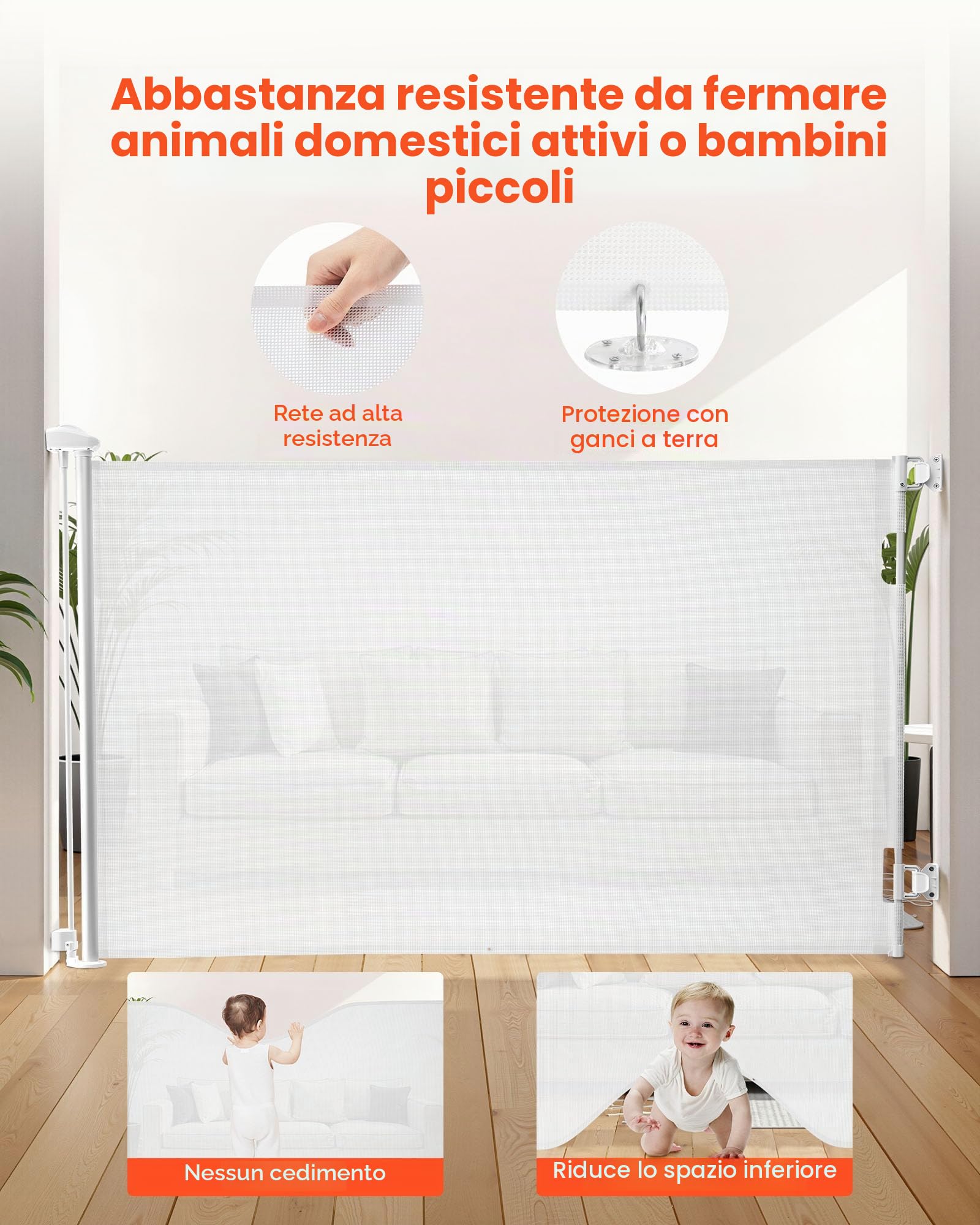 VEVOR Cancelletto Retrattile, Installazione Interna 1450 mm di Larghezza, 980 mm di Altezza, con Strisce in Fibra di Vetro Rinforzata, Impedisce che Si Infilino, Cancelletto in Rete per Cani, Bianco