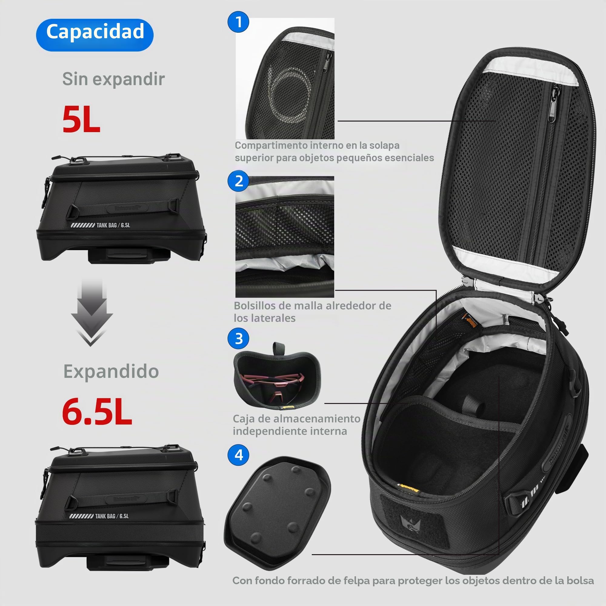 Rhinowalk Bolsa magnética de Tanque de Motocicleta Quick Release 5-6.5L Capacidad Ampliable Bolso de Tanque de Motocicleta con protección contra la Lluvia